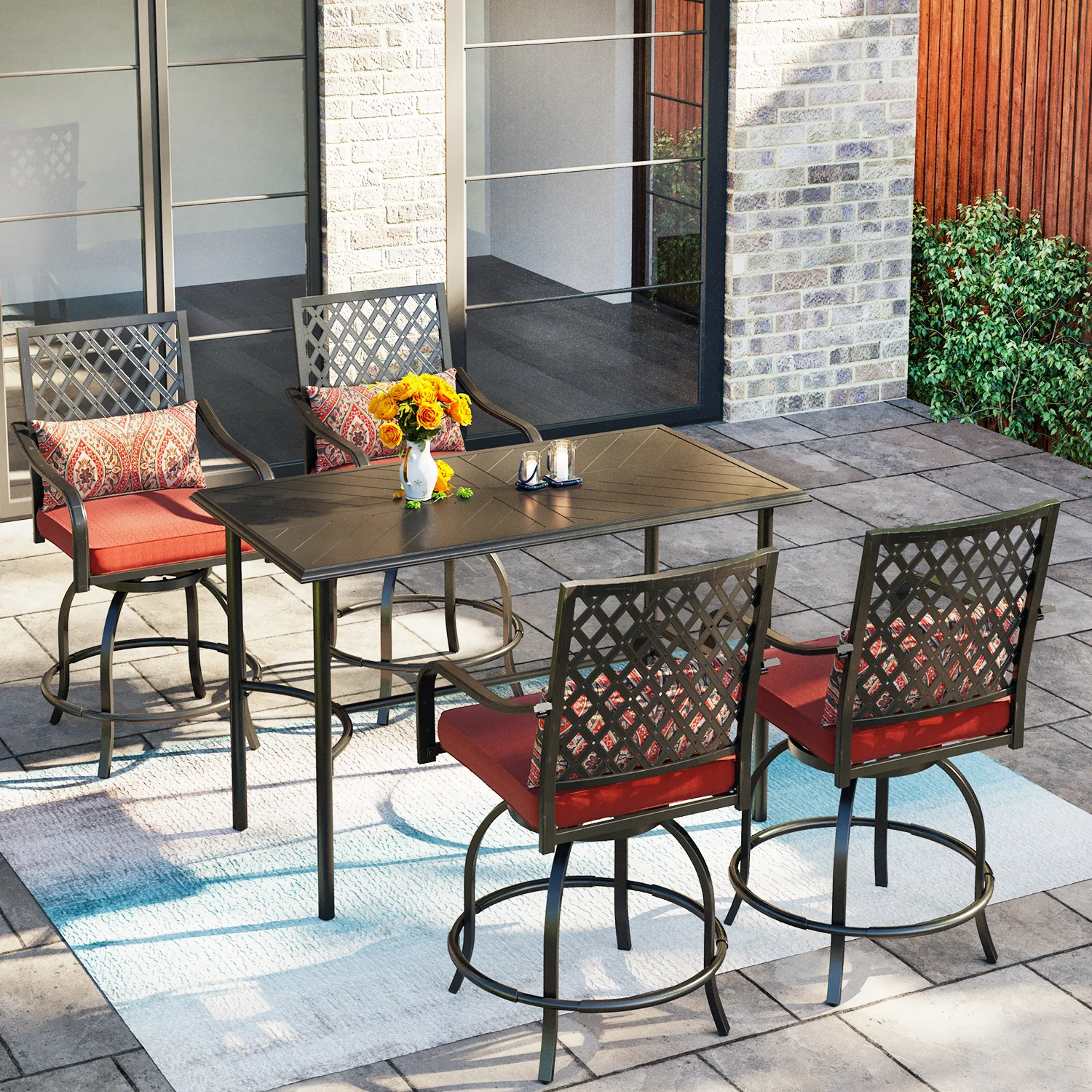PHI VILLA 5-Piece Patio Bar Stool Set Embossed High Bar Table & Cushioned Swivel Bar Stools