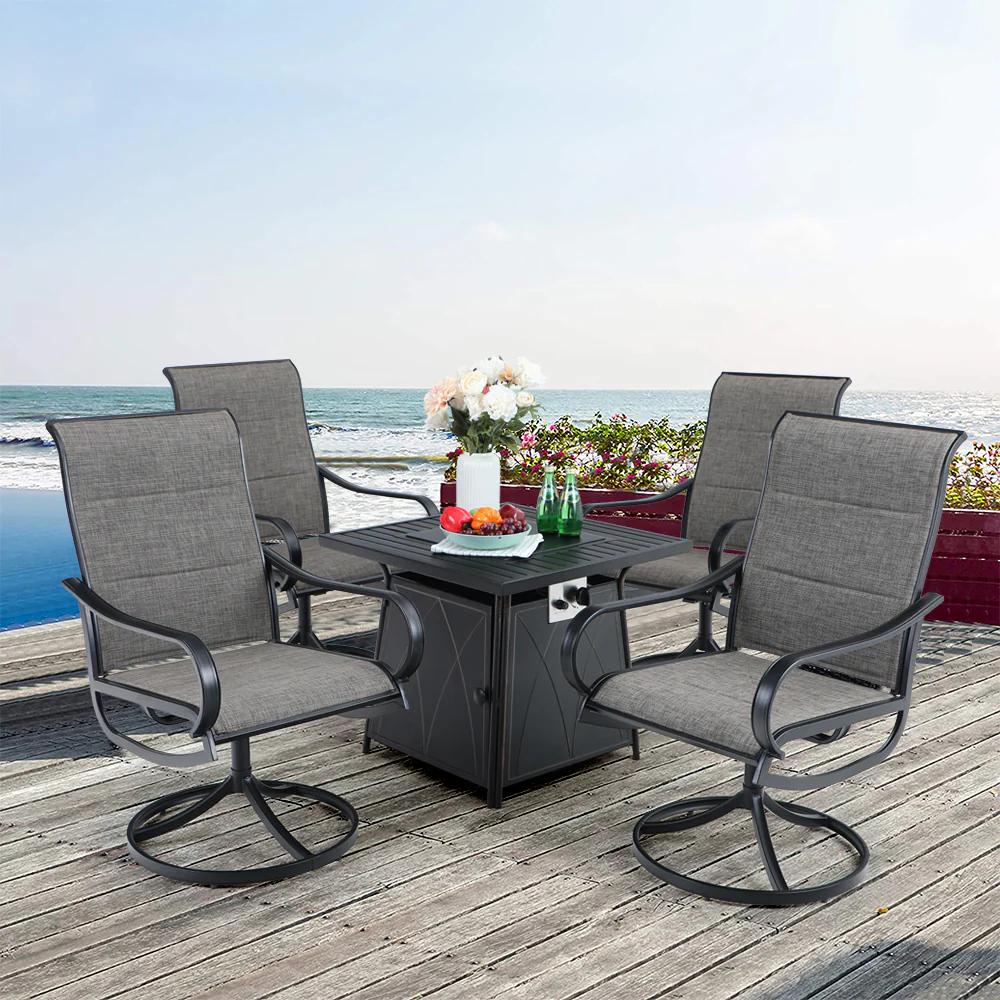 PHI VILLA 5-Piece Patio Dining Set 50,000 BTU Gas Fire Pit Table & 4 Textilene Swivel Chairs