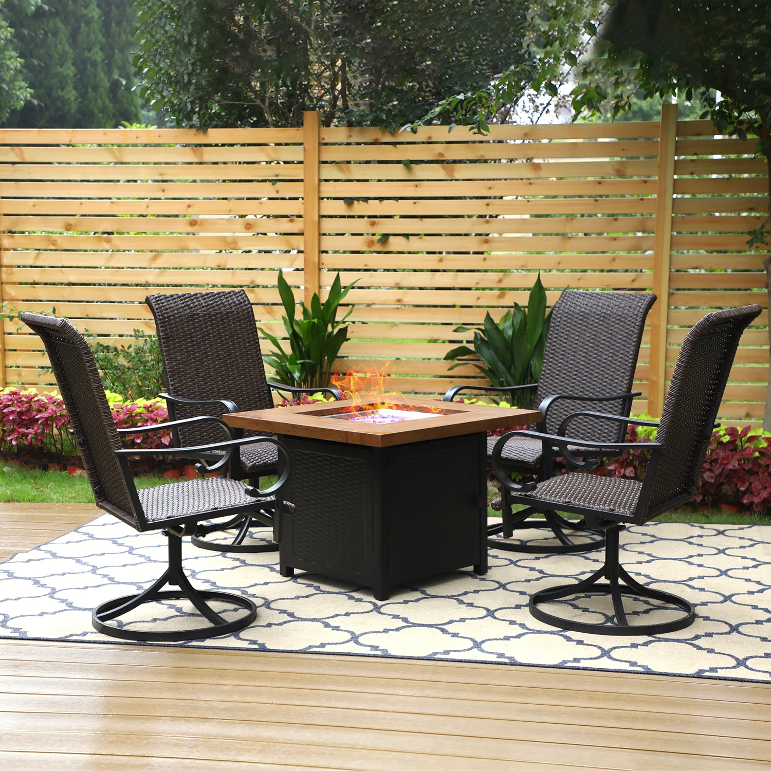PHI VILLA 5-Piece Outdoor Dining Set Rattan Swivel Chairs & Wood-look Square Gas Fire Pit Table