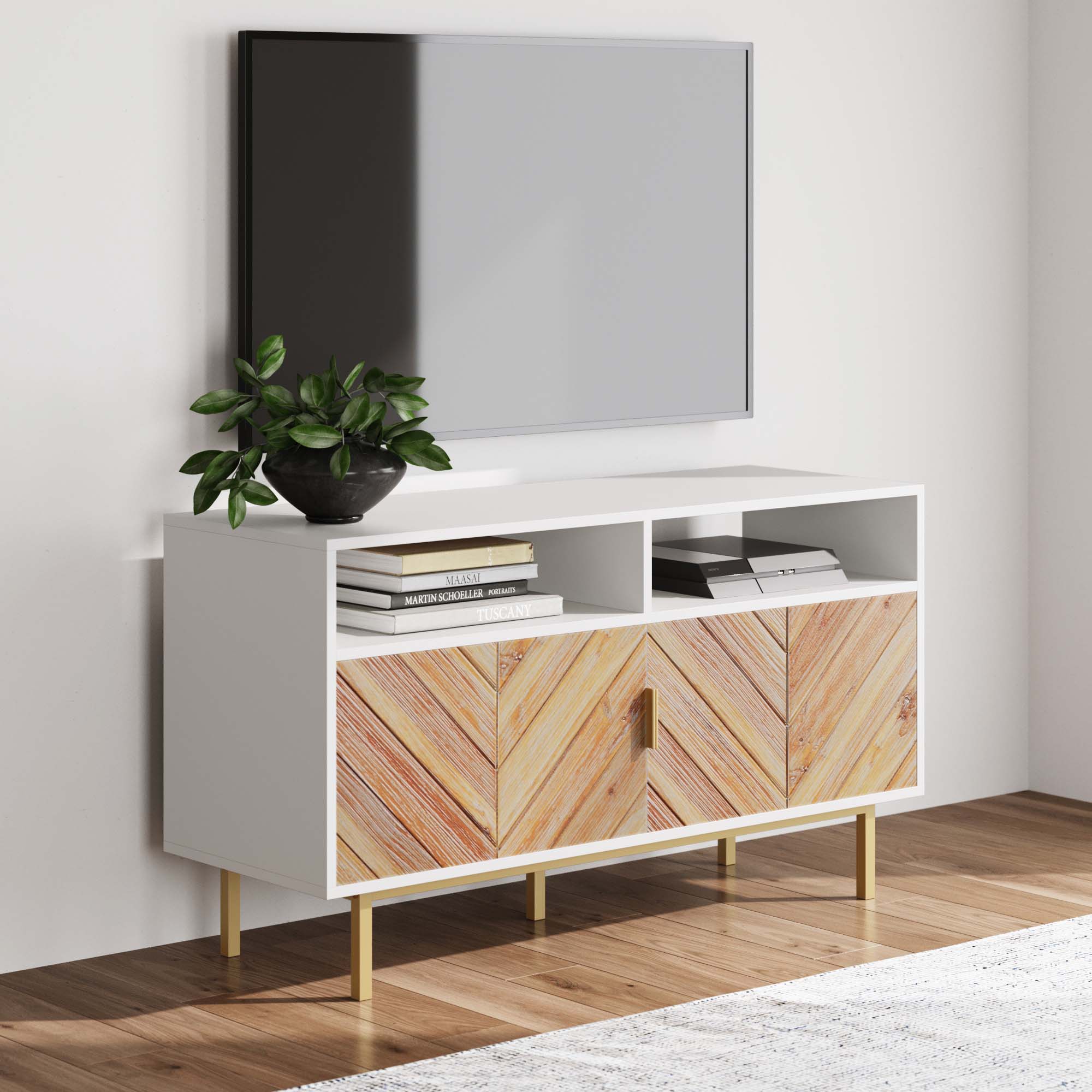 Wood Herringbone TV Cabinet Walnut