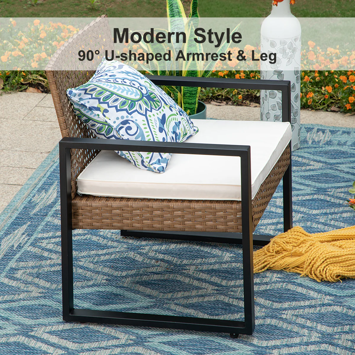 PHI VILLA 4-Piece Contemporary Rattan-wood Patio Conversation Set