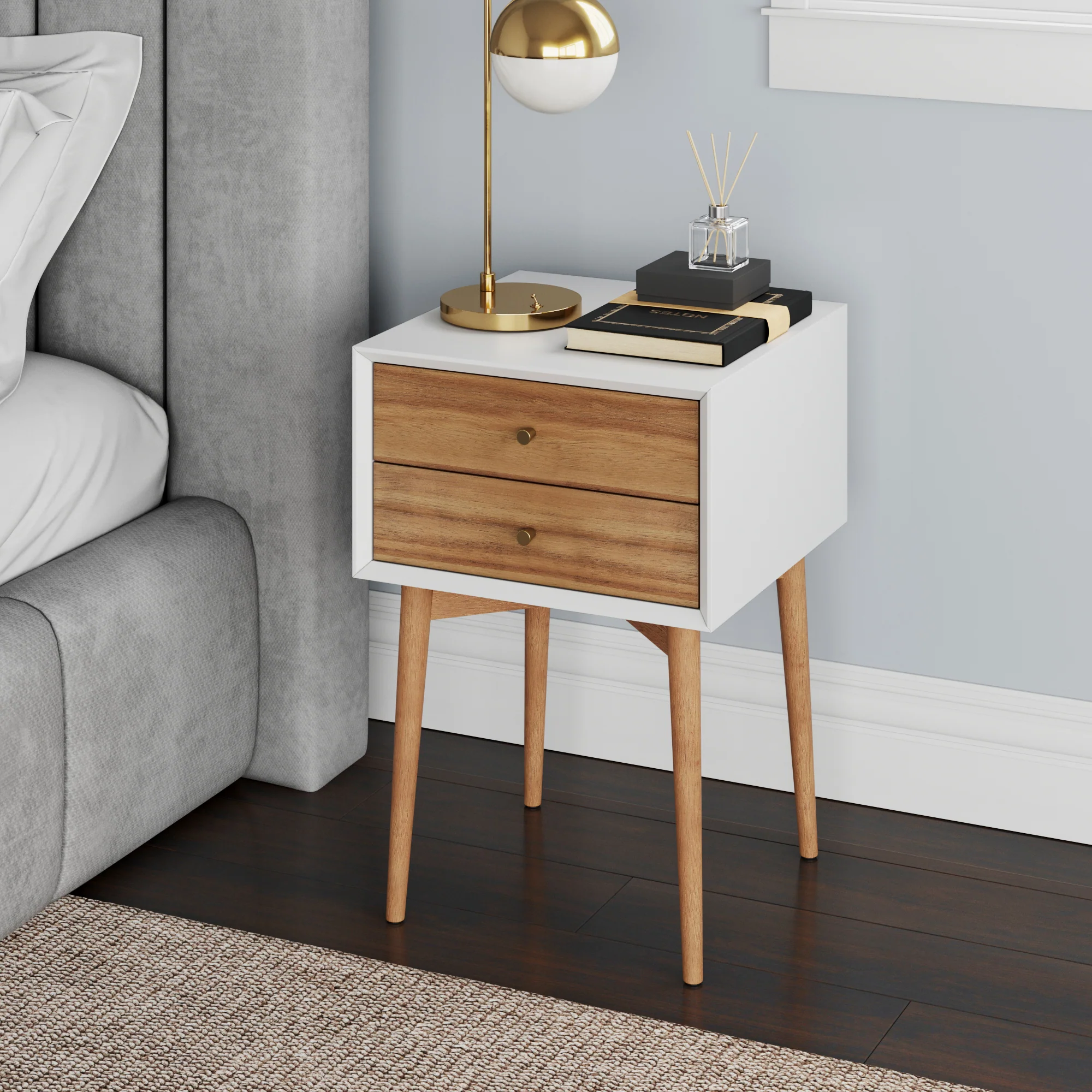 Wood Mid-Century Nightstand Acacia Black