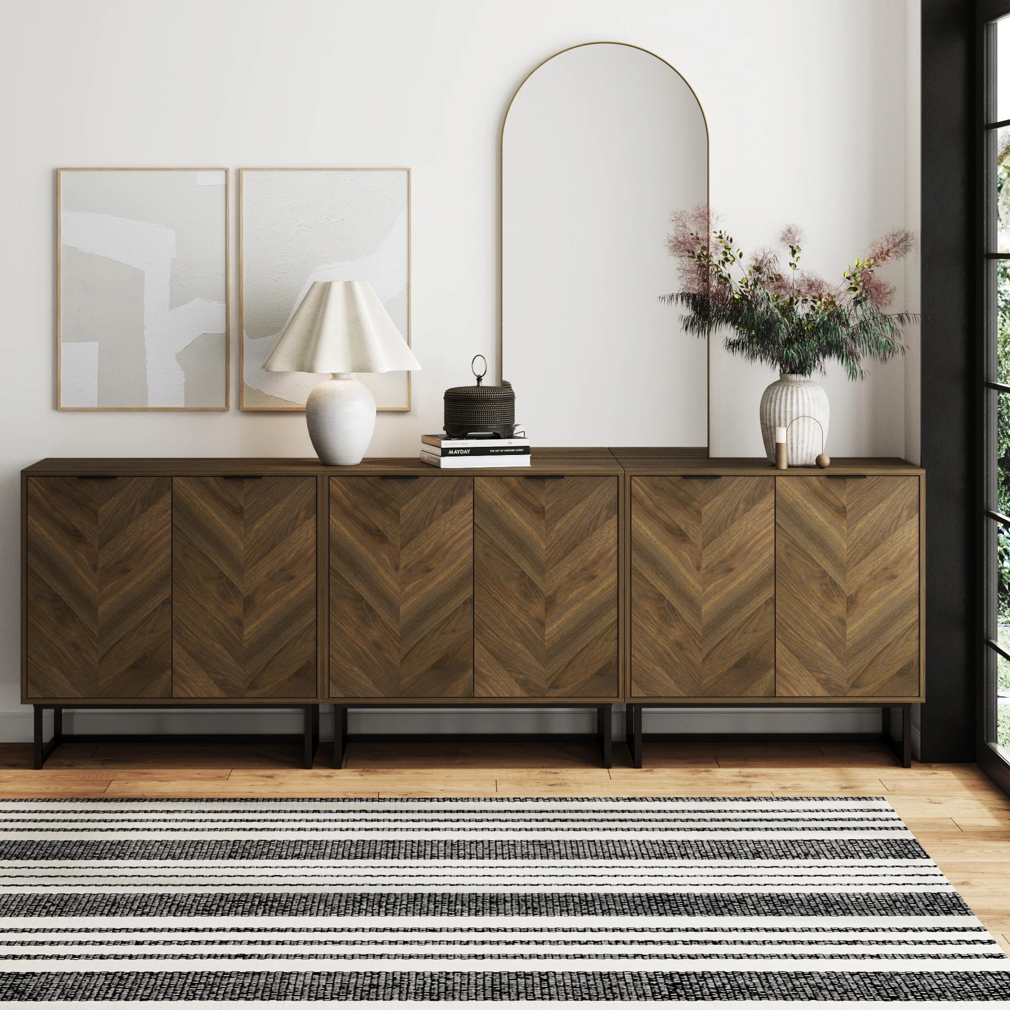 Wood Herringbone TV Cabinet Walnut