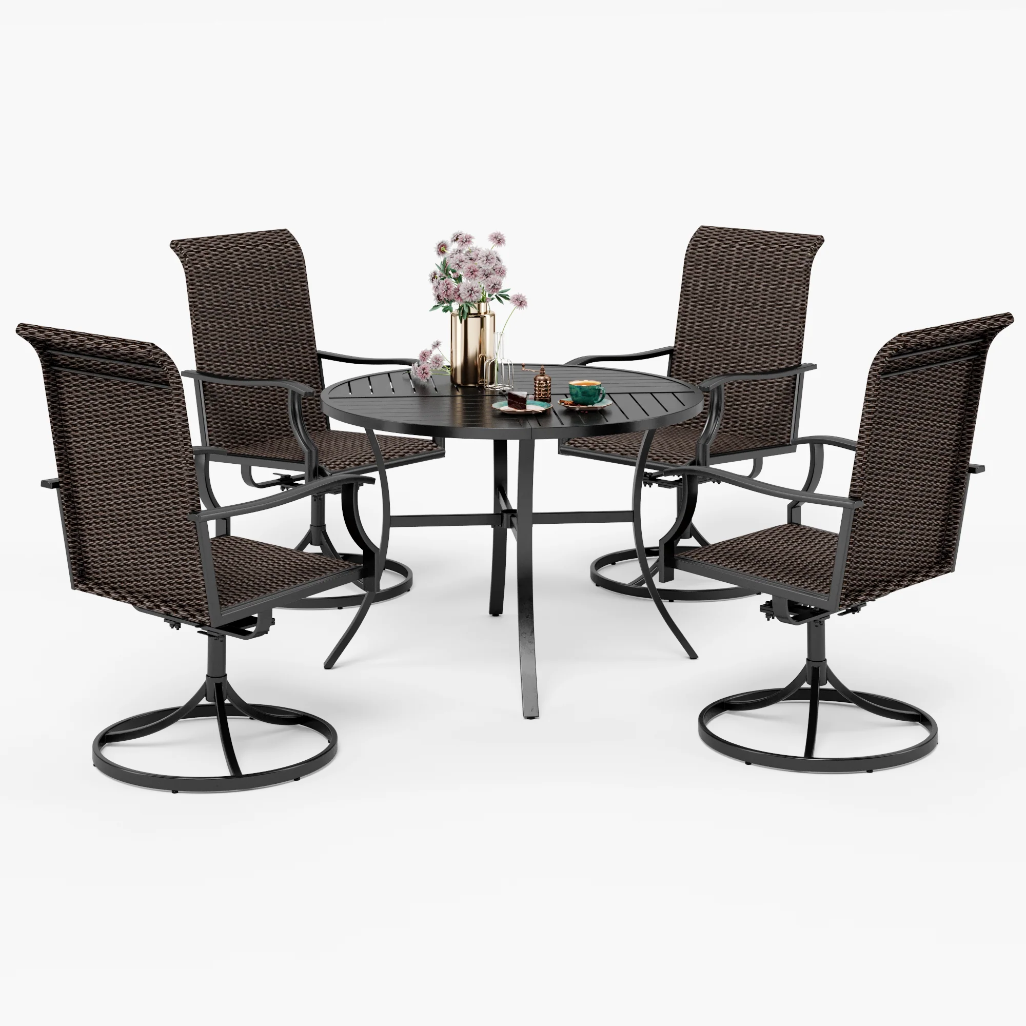 PHI VILLA 5-Piece Geometrically Stamped Round Table & Rattan Swivel Chairs Outdoor Dining Set