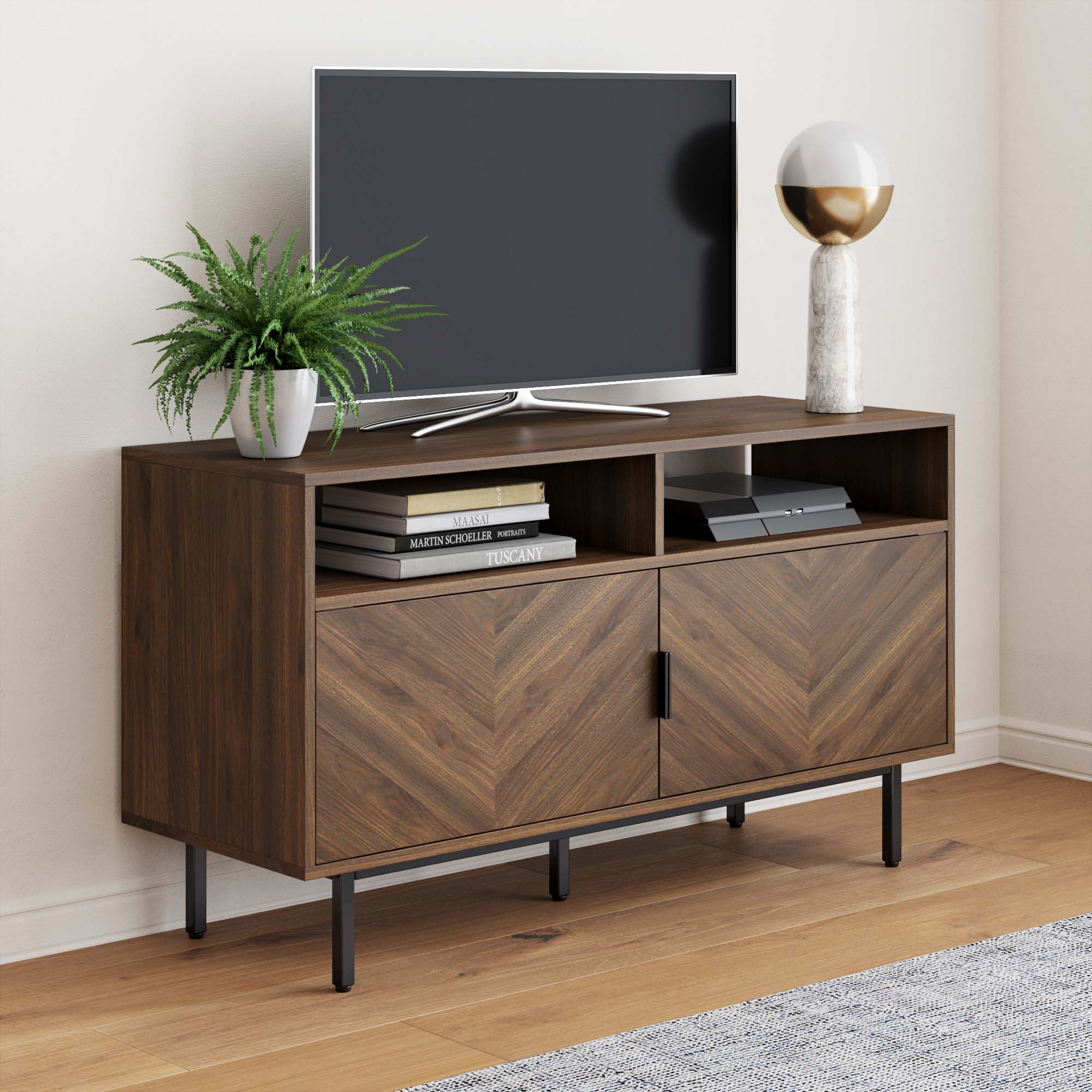 Wood Herringbone TV Cabinet Natural Wash