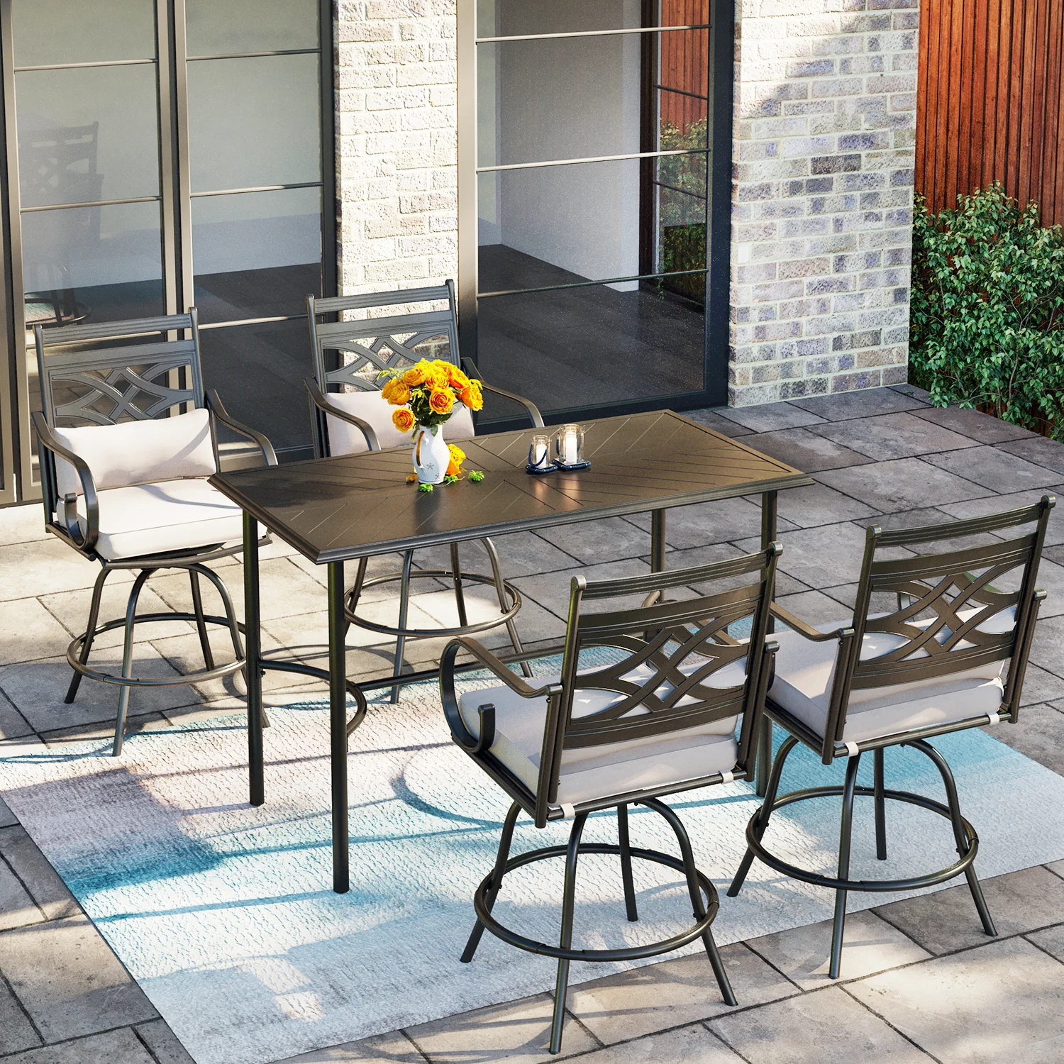 PHI VILLA 5-Piece Patio Bar Stool Set Embossed Table & Cast-iron Pattern Bar Stools