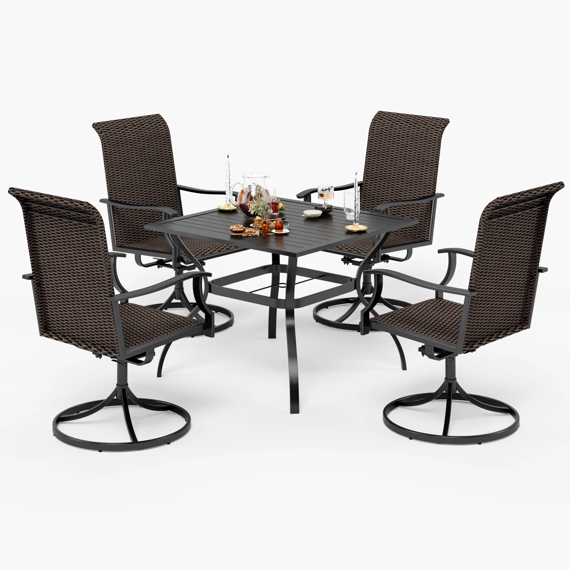 PHI VILLA 5-Piece Outdoor Dining Set of Steel Square Table & 4 Rattan Swivel Chairs