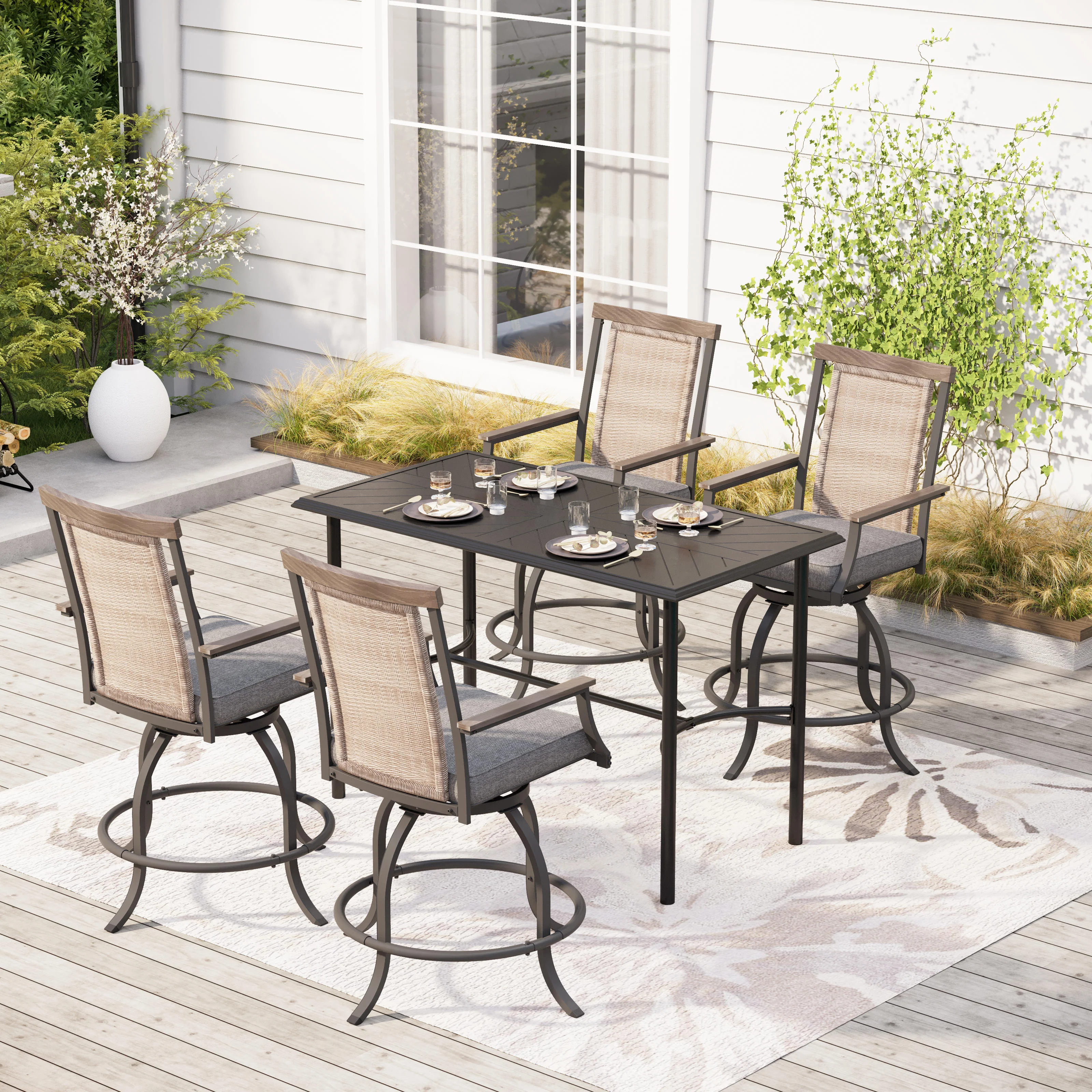 PHI VILLA 5-Piece Patio Bar Stool Set Embossed Table & Rattan-Backrest Swivel Bar Stools