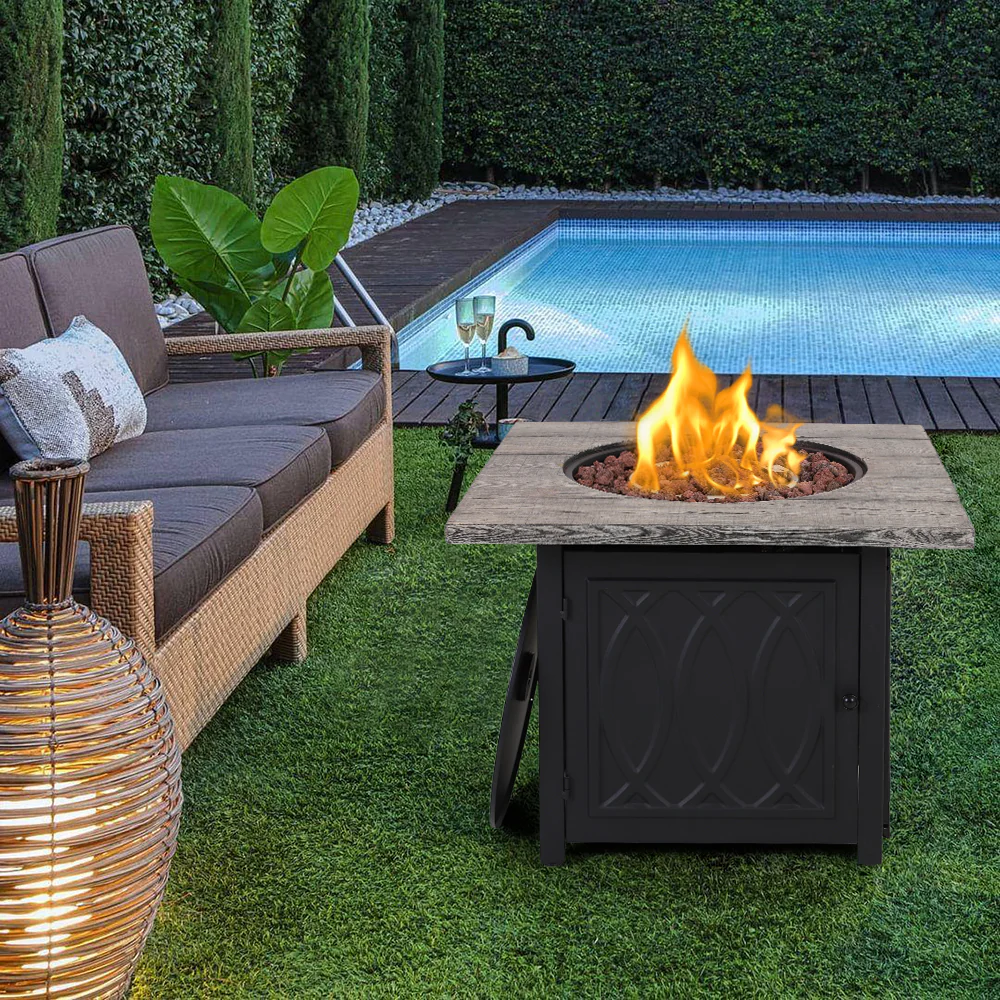 PHI VILLA 32 inch, 50,000 BTU Square Outdoor TerraFab Gas Fire Pit Table with Lid, Lava Rocks, Touch-up Pen and PVC Cover