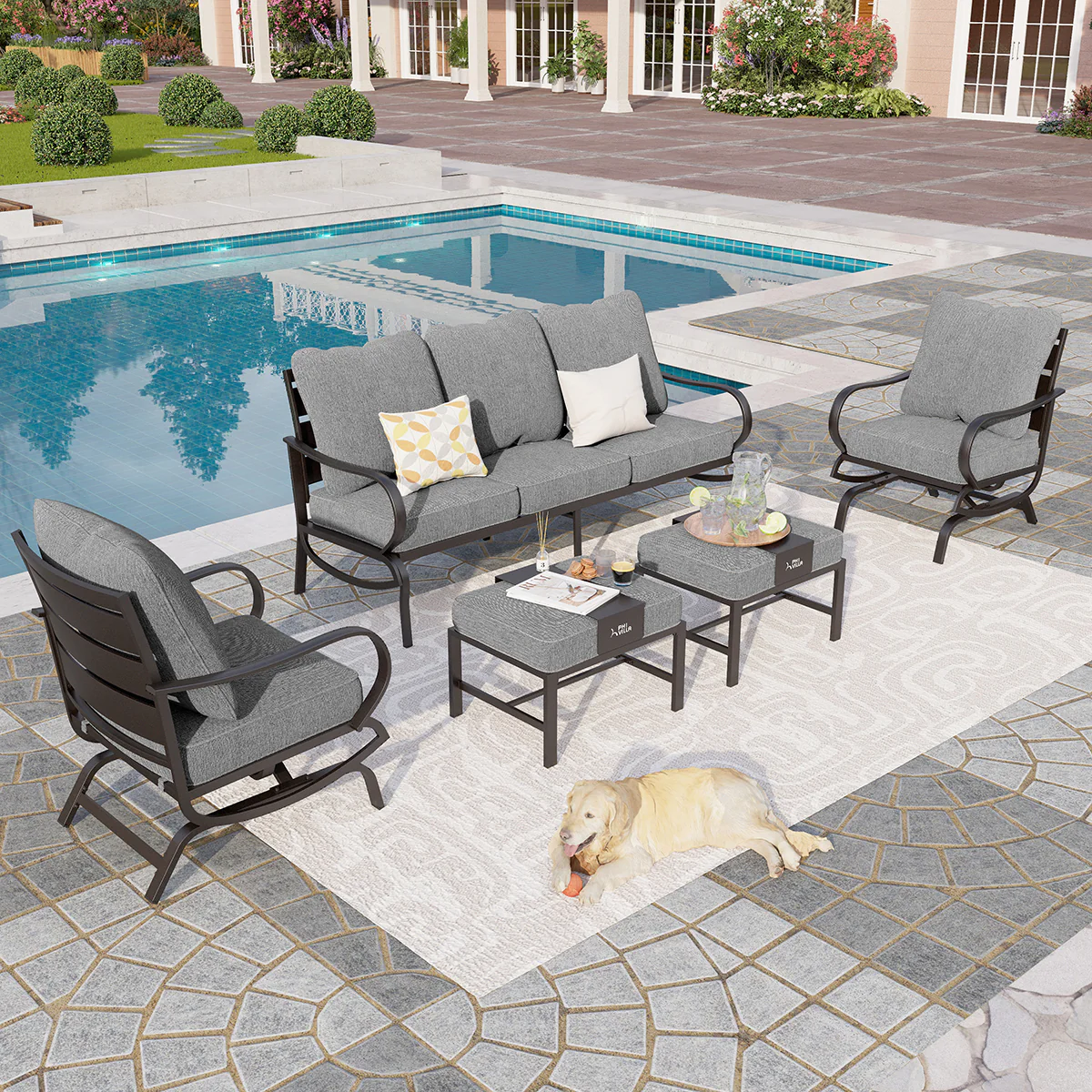 PHI VILLA 5-Seat Thick-cushion Classic Patio Conversation Sets with Motion Chairs