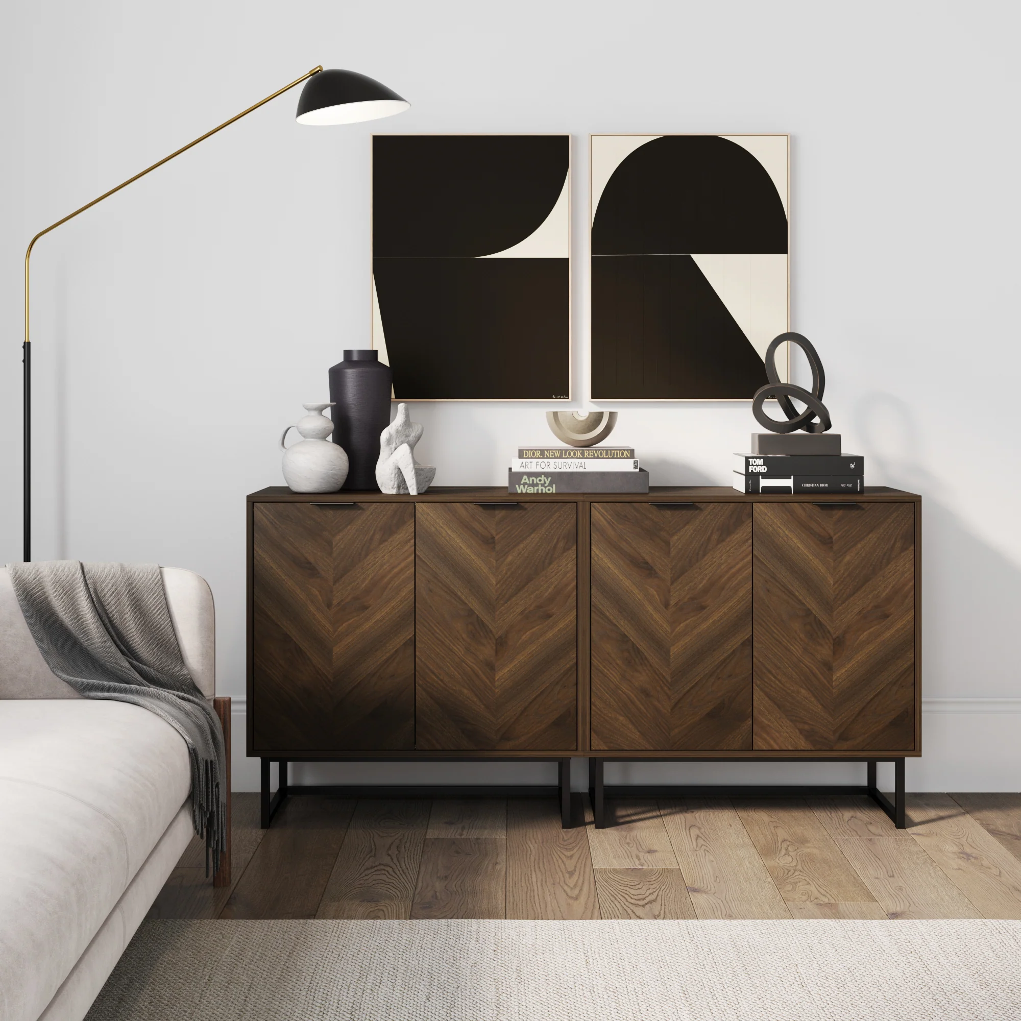 Wood Herringbone Console Table Walnut