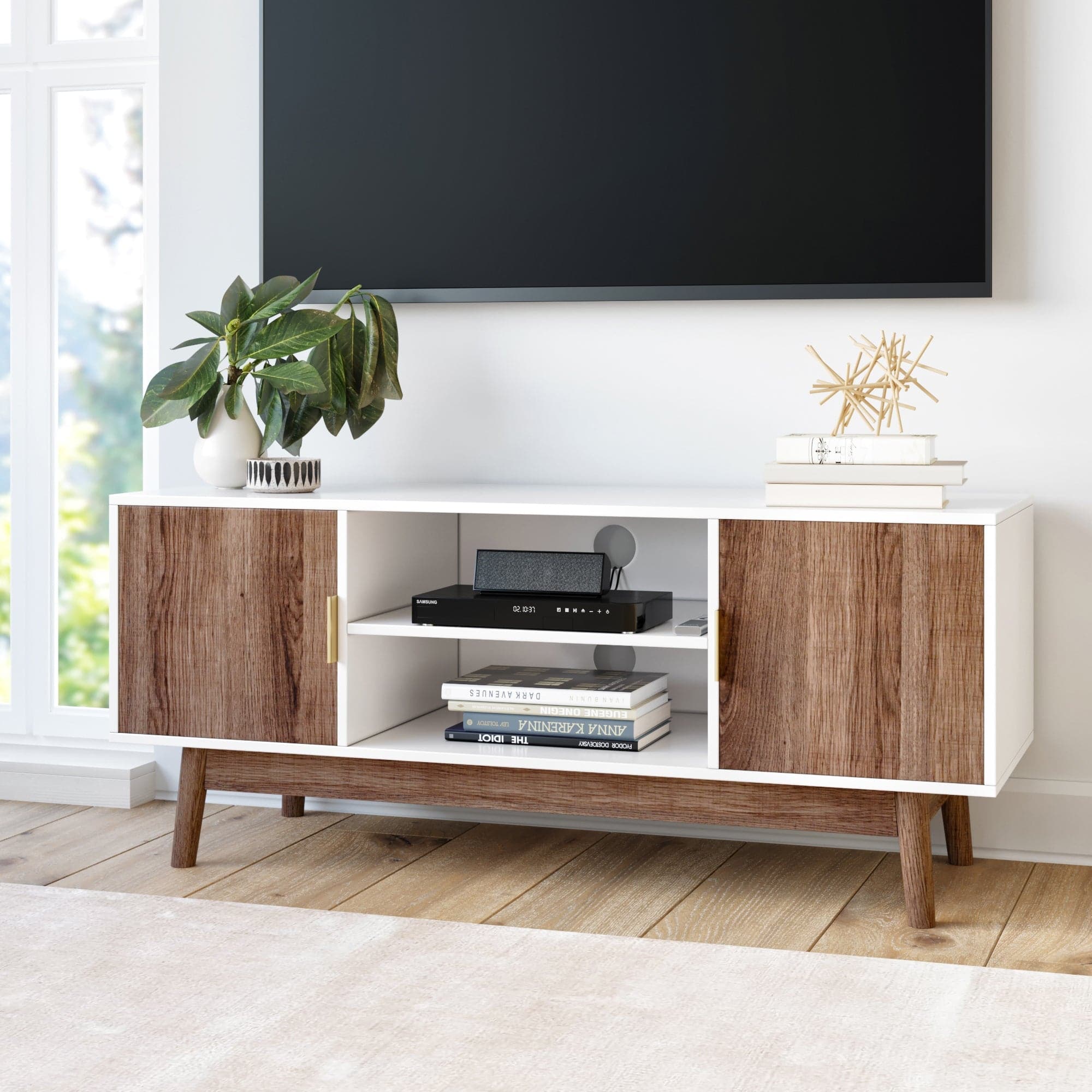 Wood TV Cabinet Warm Medium Walnut White