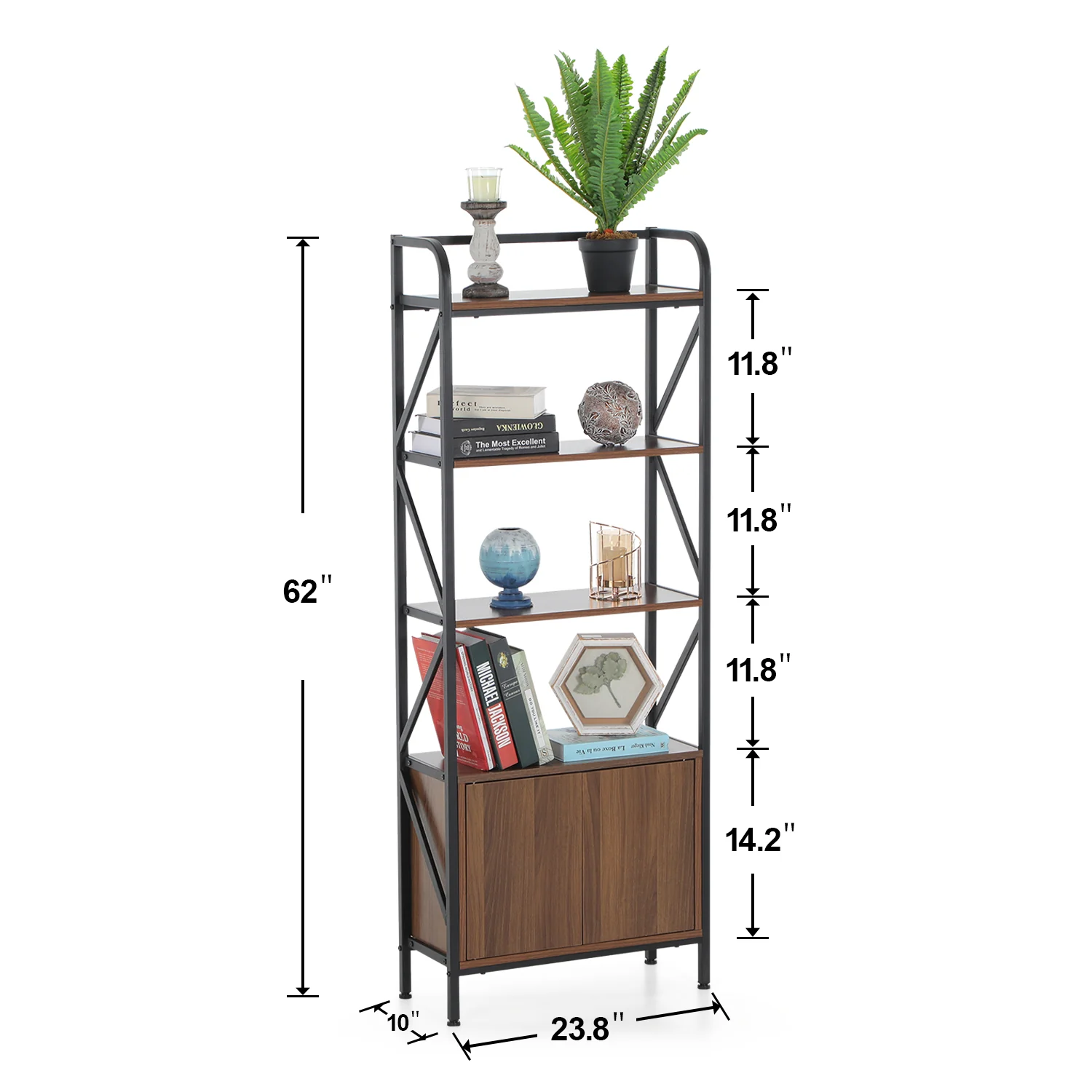 PHI VILLA 4 Tier Tall Bookshelf with Storage Cabinet Industrial Bookcase for Home and Office