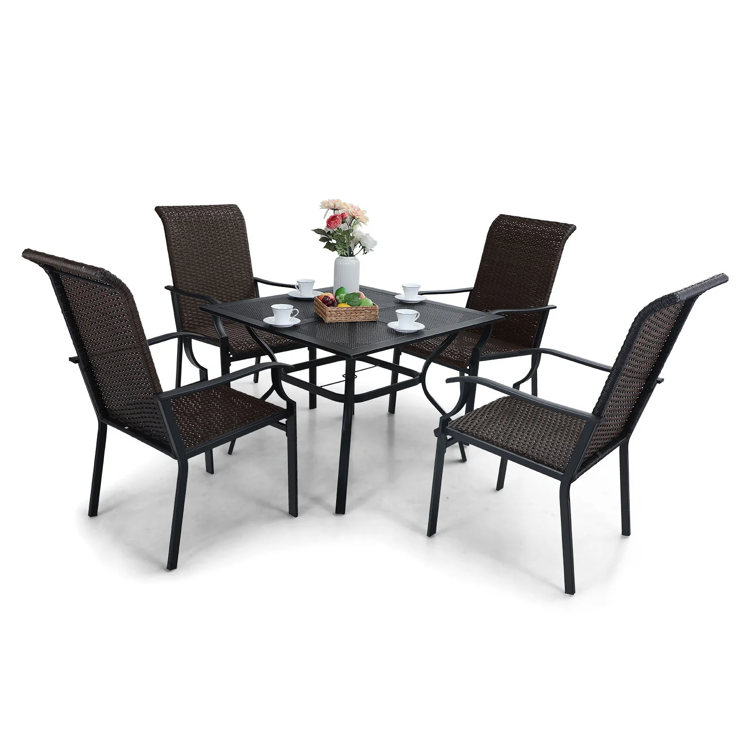 PHI VILLA 5-Piece Rattan Dining Chairs & Mesh Square Table Patio Dining Set