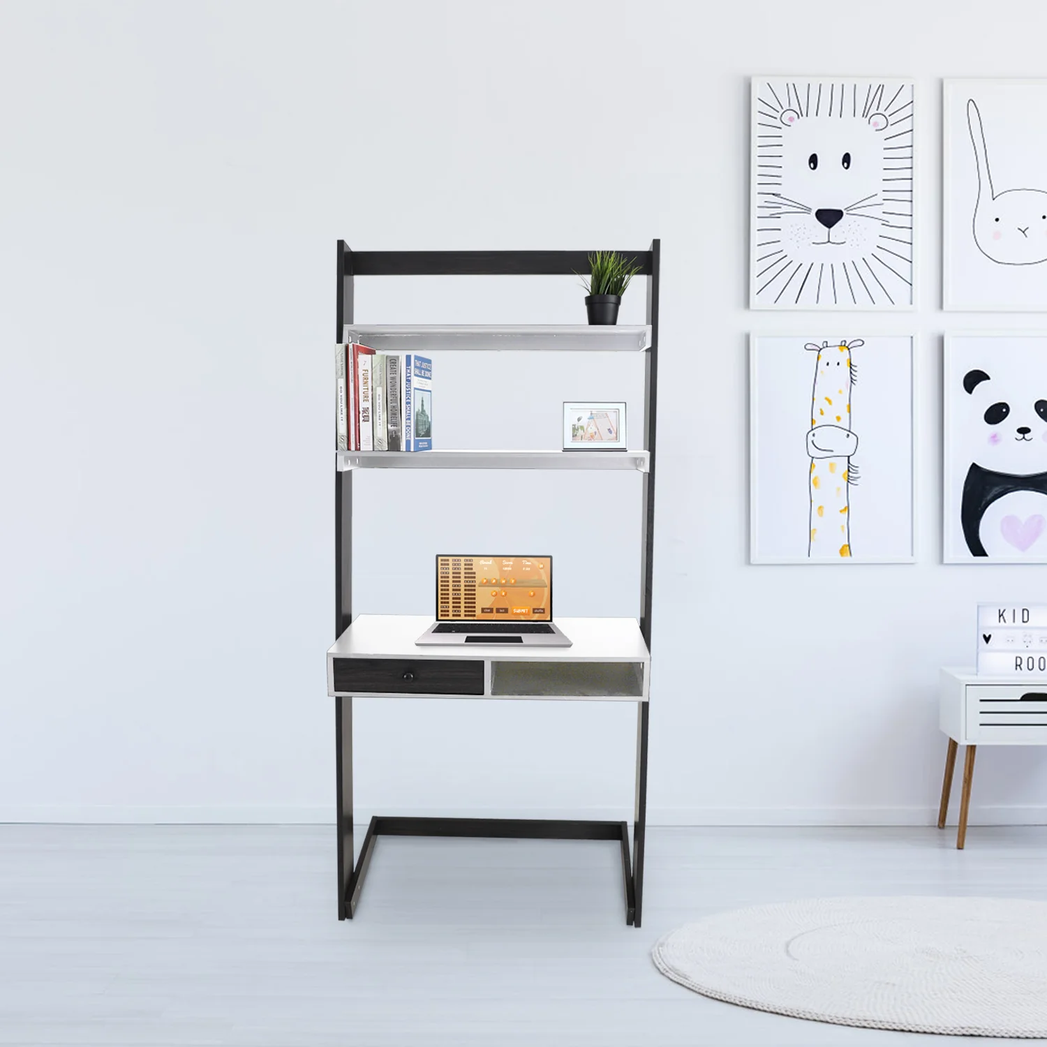 PHI VILLA 3-Tier Ladder Shelf Bookcase with Desktop and Drawer