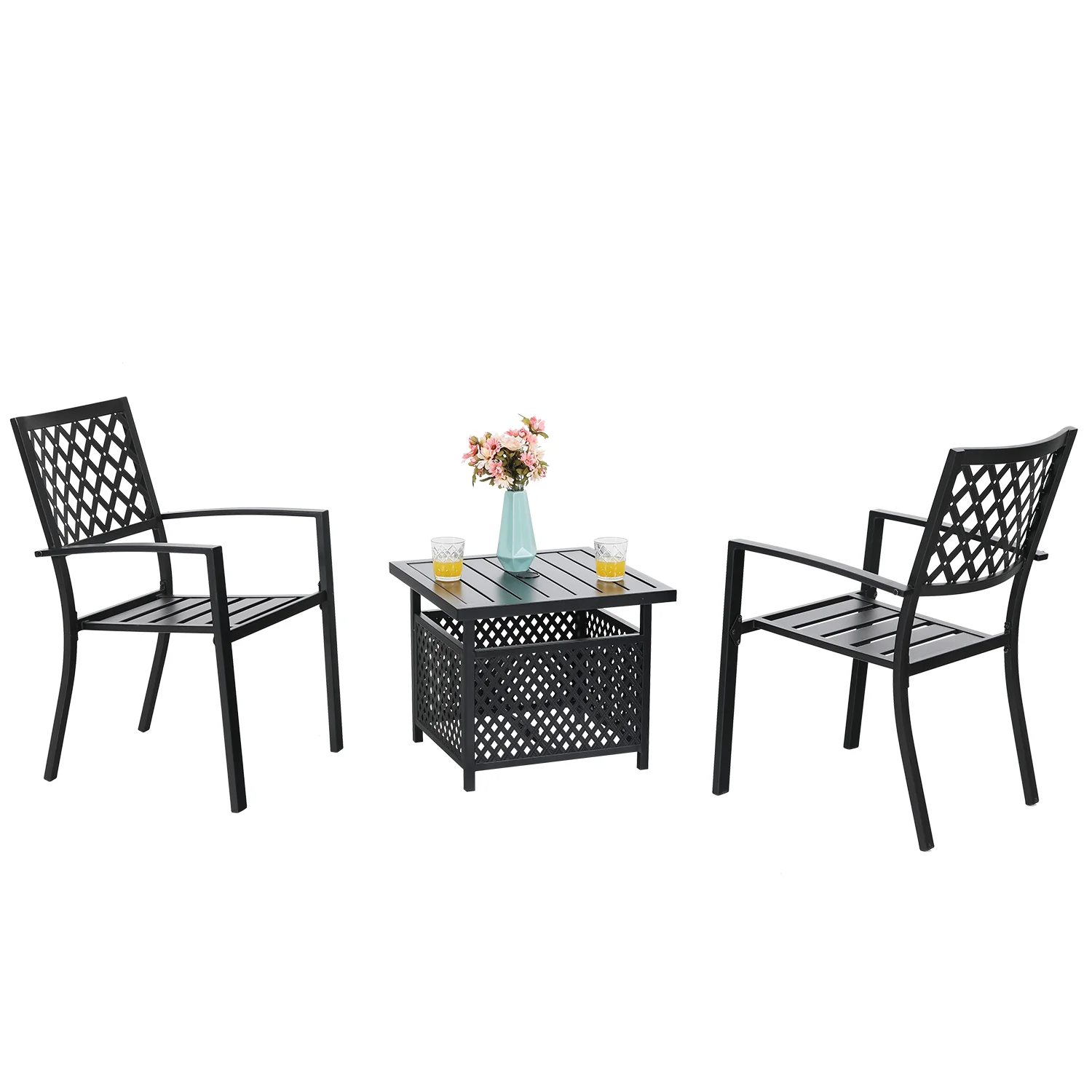 PHI VILLA 3-Piece Umbrella Base Table & 2 Stackable Chairs Patio Bistro Set