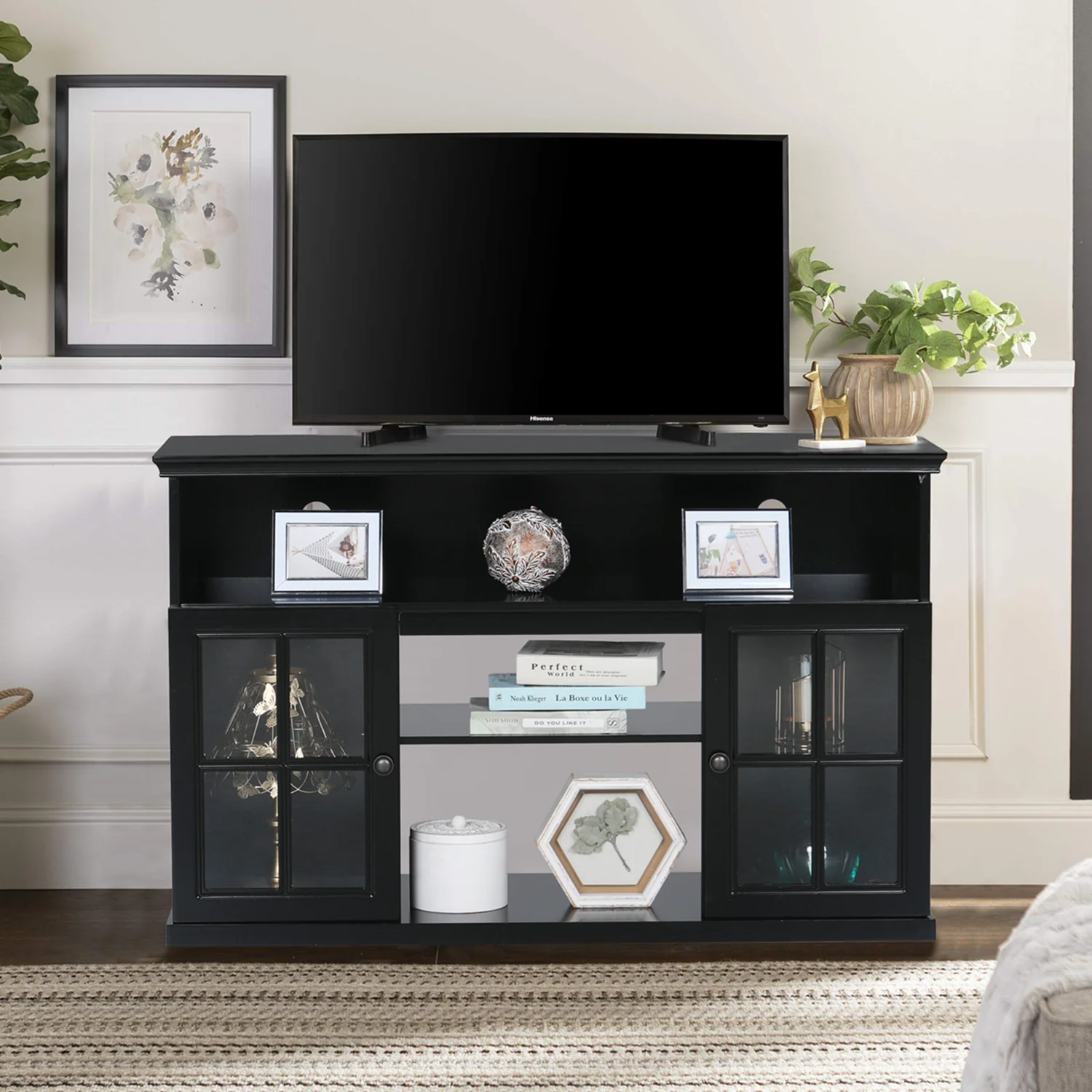 PHI VILLA 48'' Classic Glass Door Wooden Fireplace Cabinet Corner TV Stand with Electric Fireplace