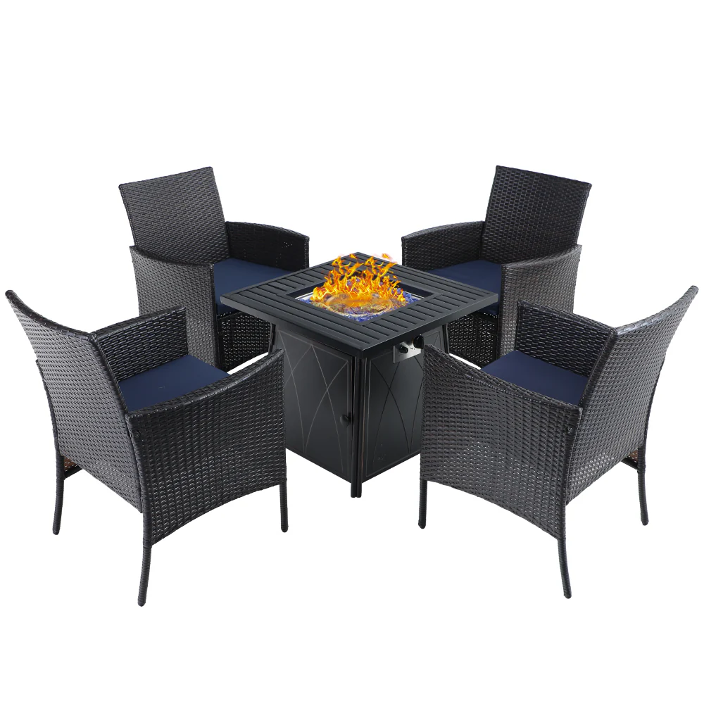 PHI VILLA 5-Piece Dining Set 50,000 BTU Gas Fire Pit Table & Rattan Chairs