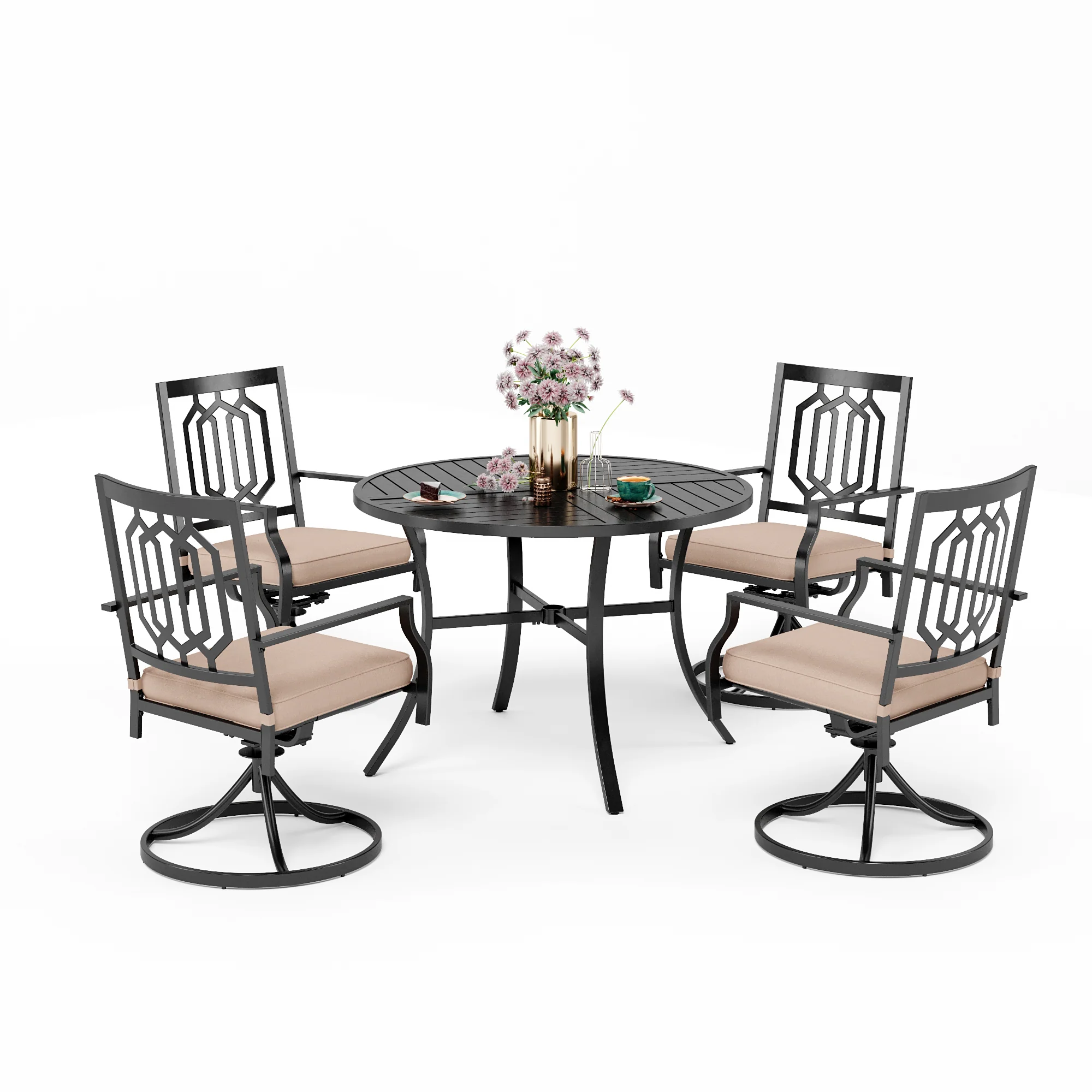 PHI VILLA 5-Piece Geometrically Stamped Round Table & Swivel Dining Chairs Outdoor Dining Set