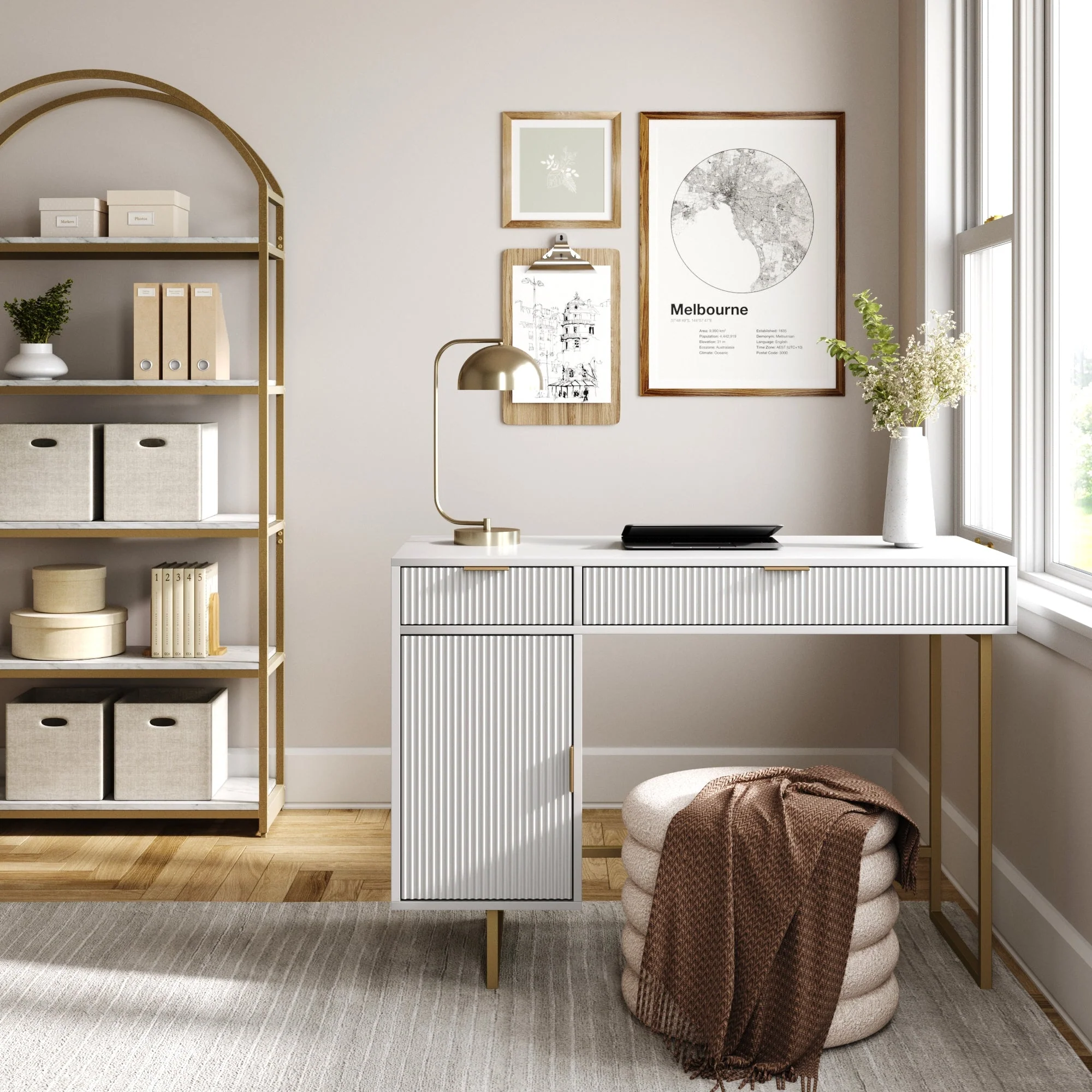 Wood Fluted Storage Vanity Desk