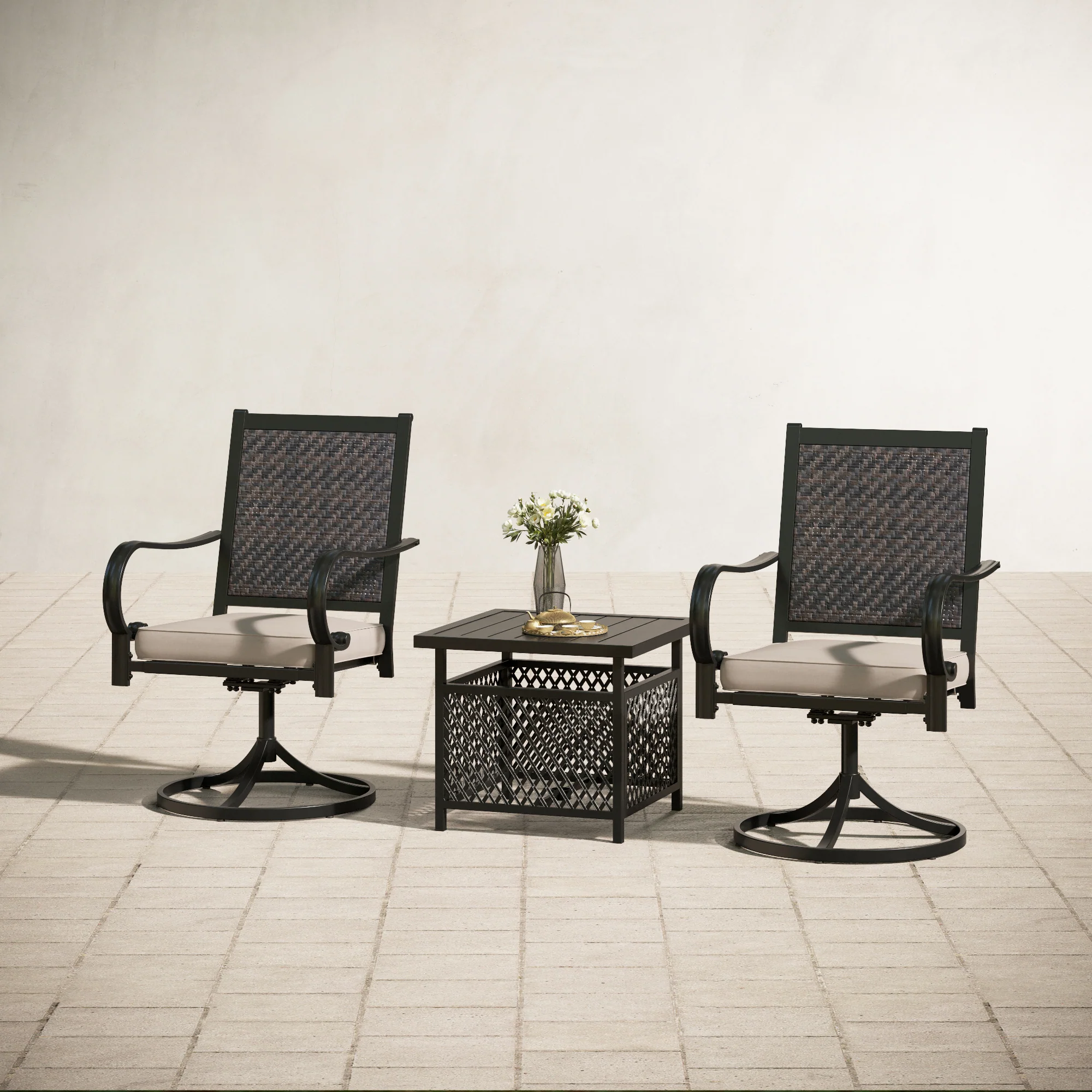 PHI VILLA 3-Piece Umbrella Base Table & 2 Rattan Swivel Chairs Outdoor Patio Bistro Set