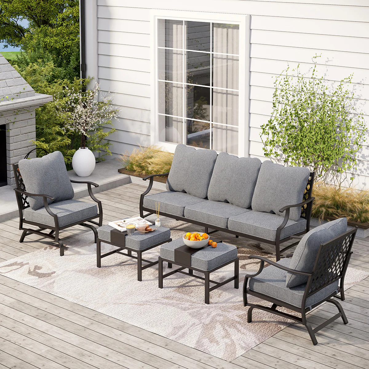 PHI VILLA 5-Seat Thick Cushion Conversation Sets with Motion Chairs & Ottoman