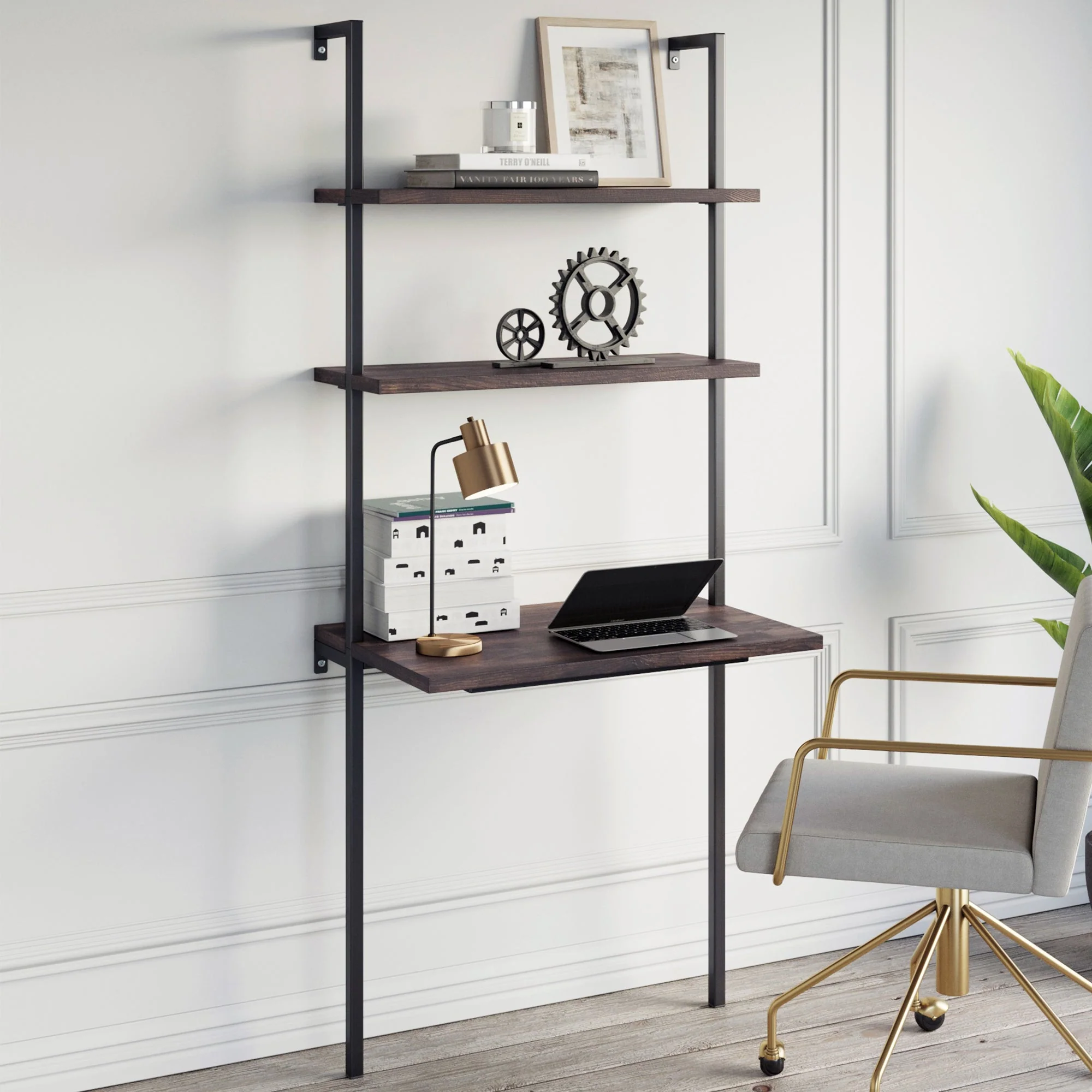 Wood Wall Mount Ladder 2-Shelf Desk White