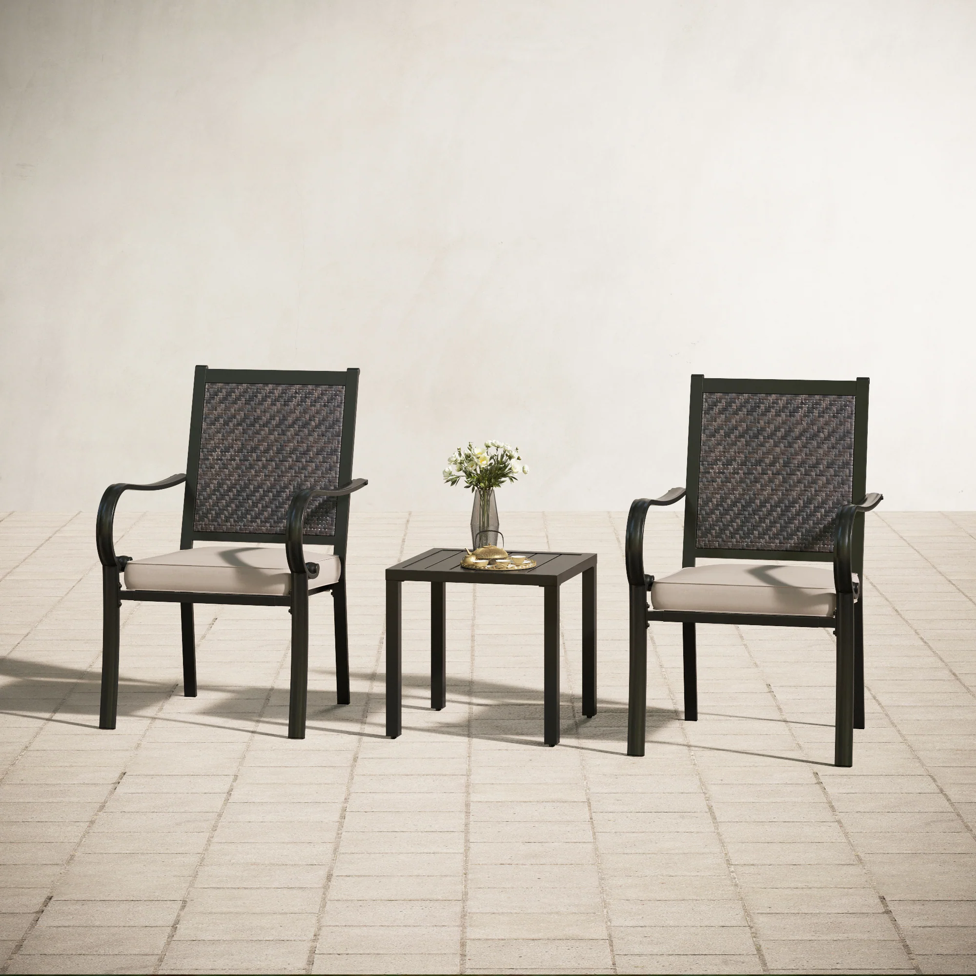 PHI VILLA 3-Piece Rattan Dining Chairs & Small Square Side Table Patio Bistro Set