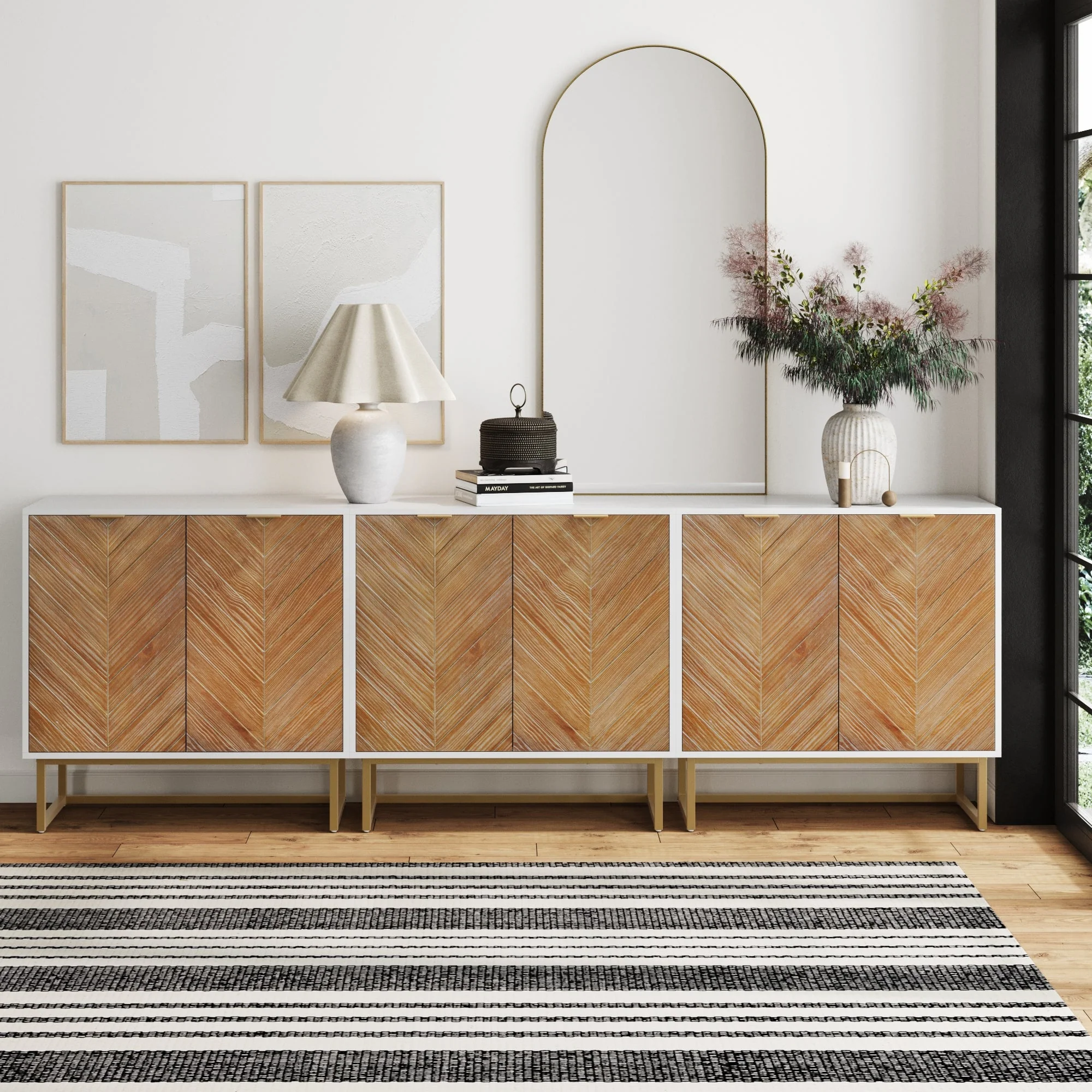 Wood Herringbone TV Cabinet White