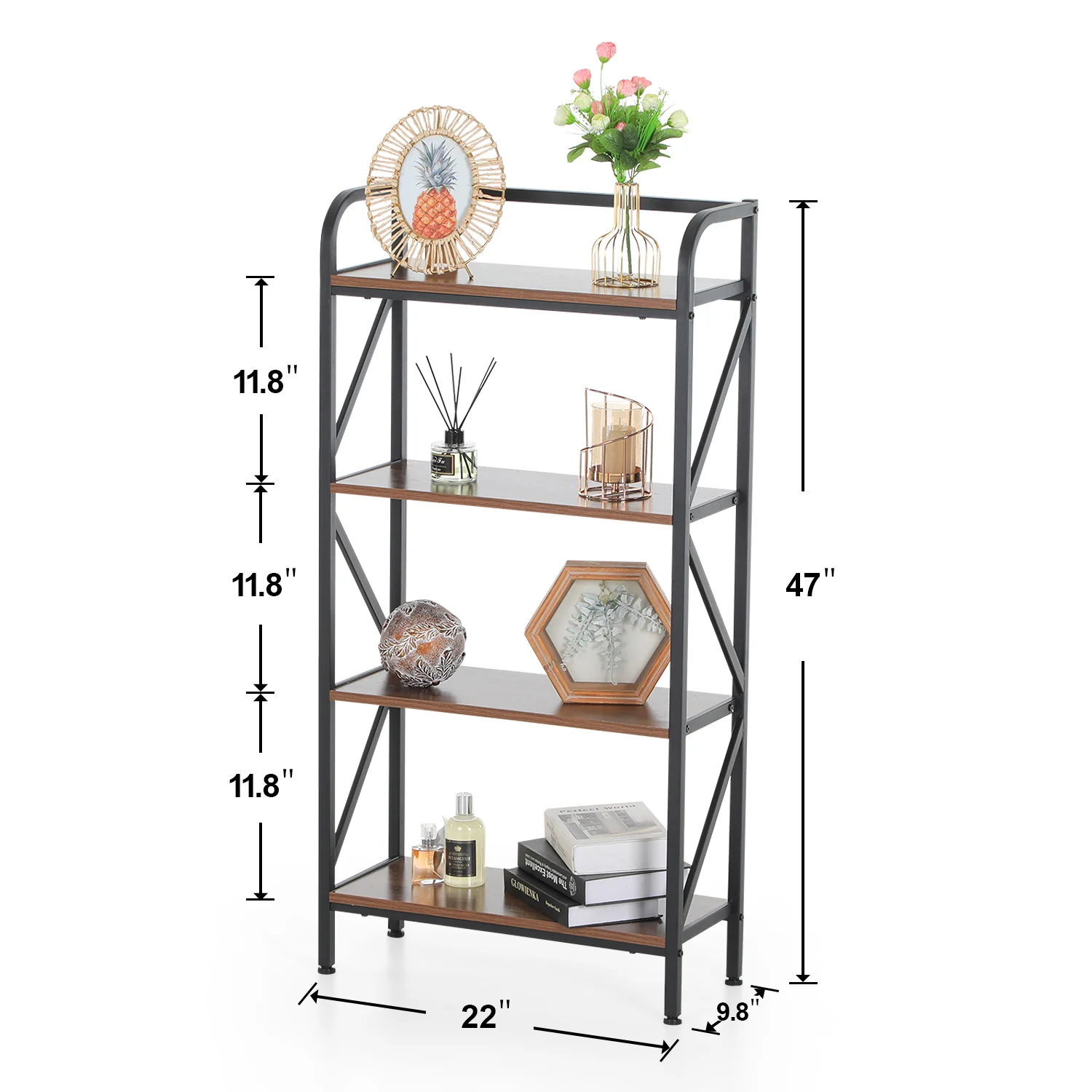 PHI VILLA 4 Tier Bookshelf Industrial Bookcase Storage Organizer for Living Room, Bedroom and Home Office