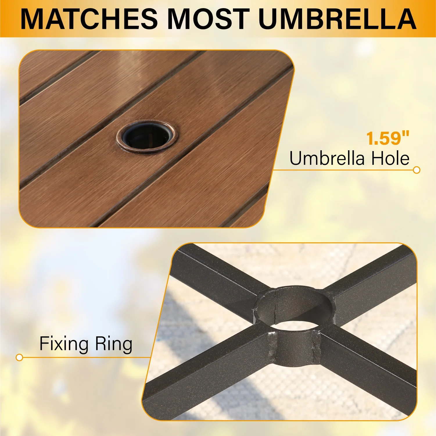 PHI VILLA 5-Piece Patio Bar Stool Set Teak-grain High Table & Exra-wide Steel Bar Stools