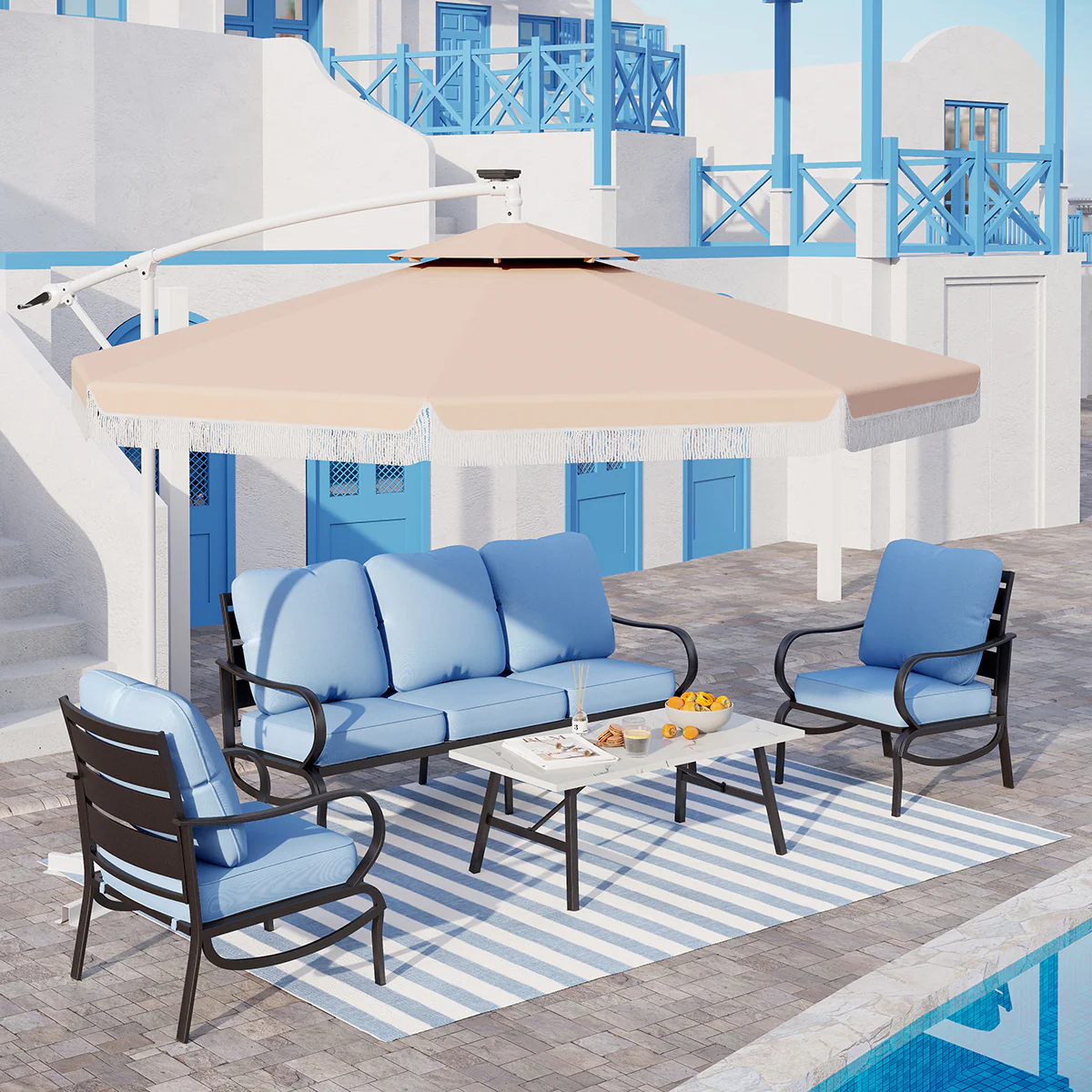 PHI VILLA 5-Seat Fixed Chairs Classic Patio Conversation Sets with Ottoman