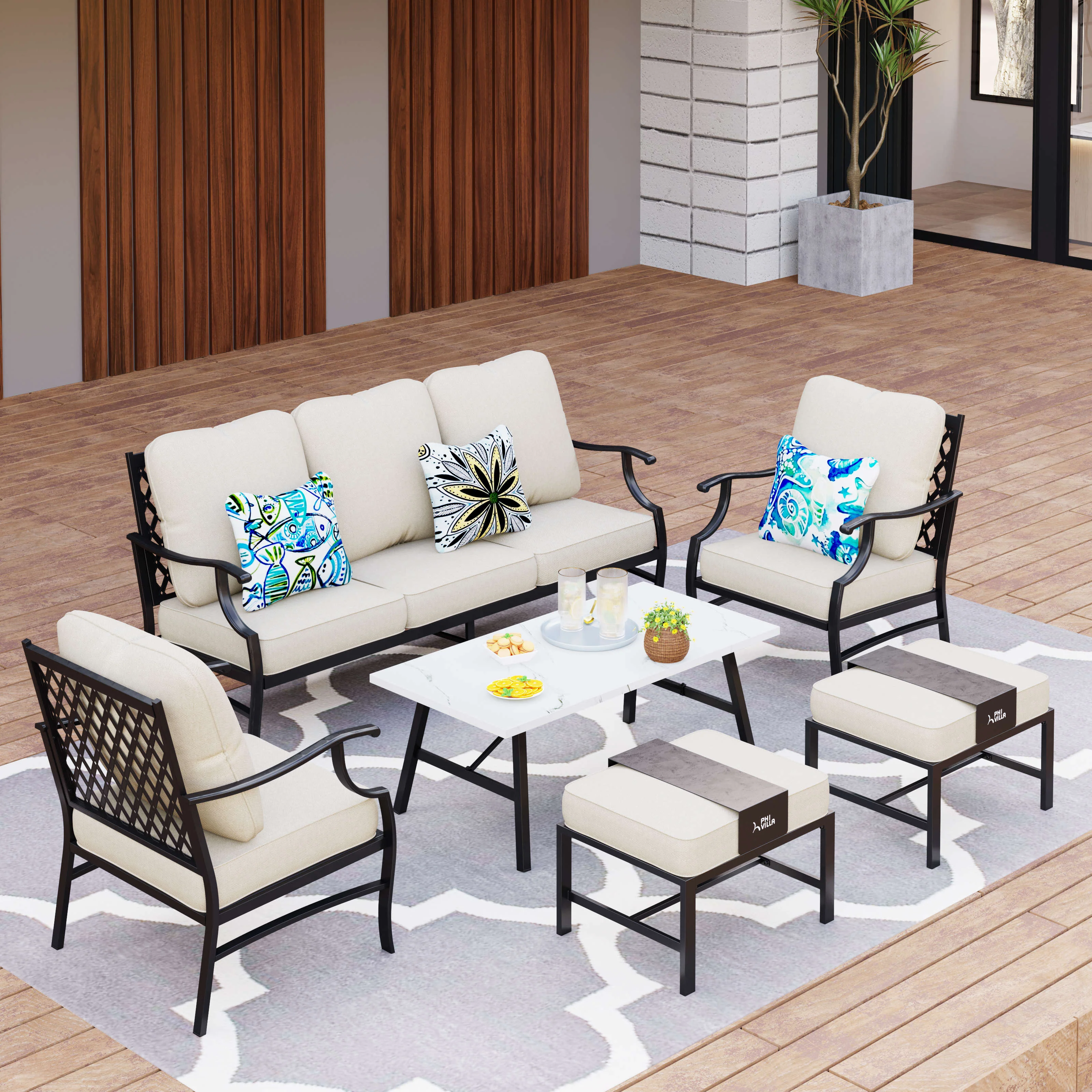 PHI VILLA 5-Seat Thick Cushion Conversation Sets with Ottoman