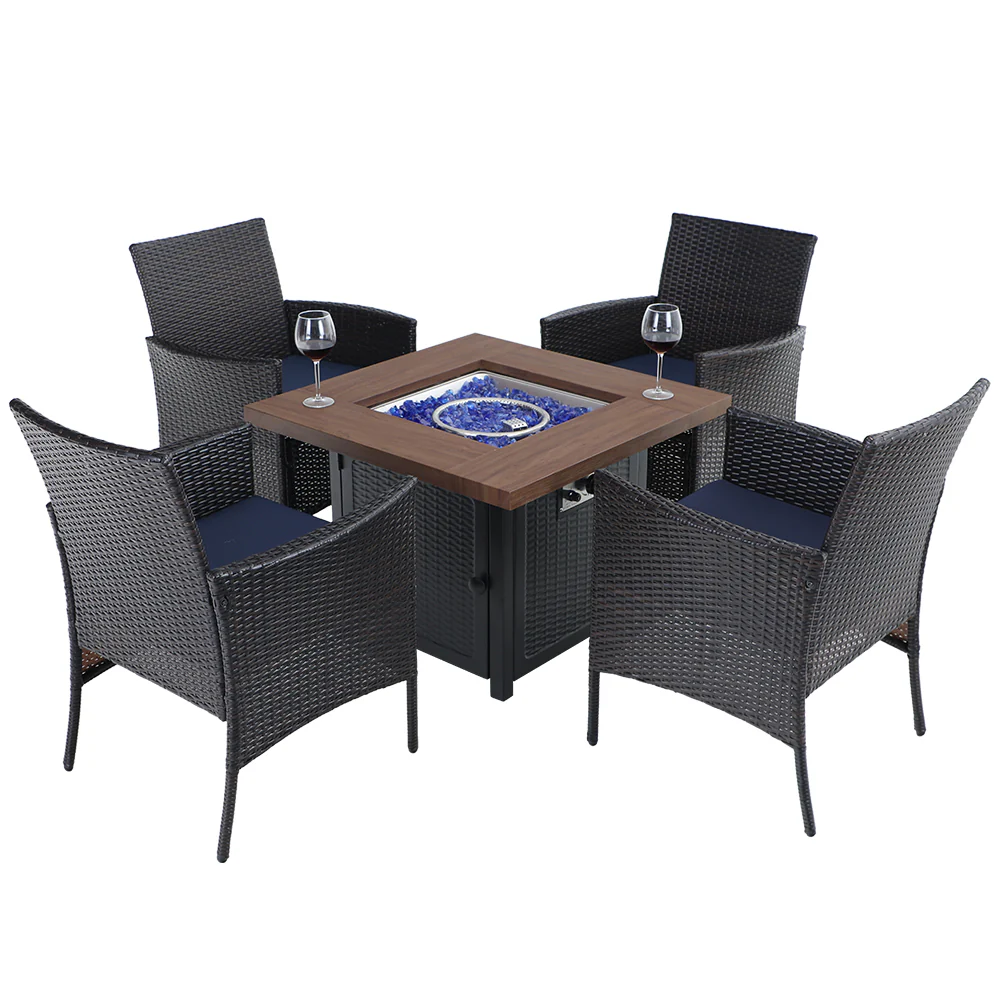 PHI VILLA 5-Piece Patio Dining Set Gas Fire Pit Wood-look Table 50,000 BTU & 4 Rattan Cushioned Chairs