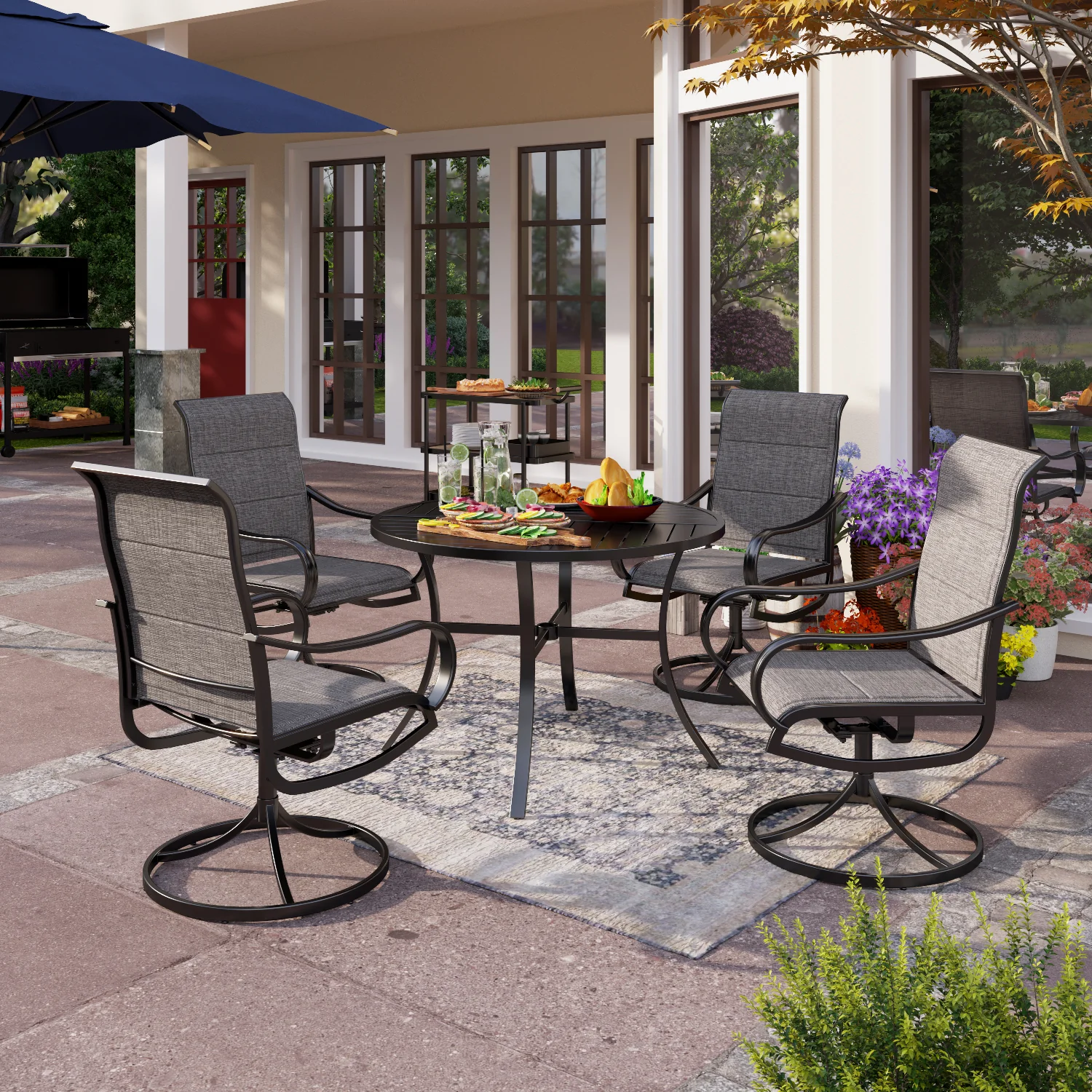 PHI VILLA 5-Piece Patio Dining Set Textilene Swivel Chairs & Geometrically Stamped Round Table