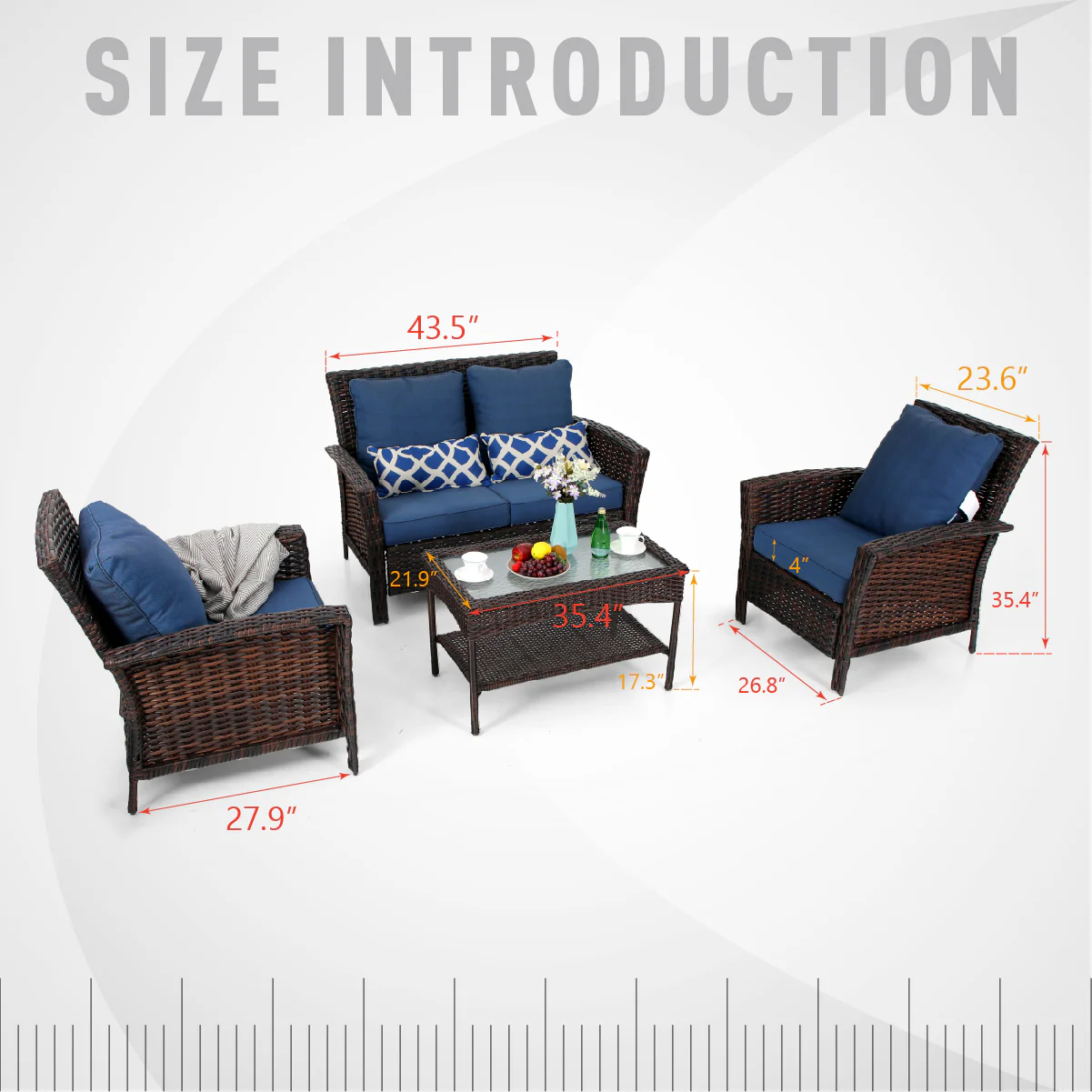 PHI VILLA 4 Piece Patio Wicker Conversation Set with Cushion