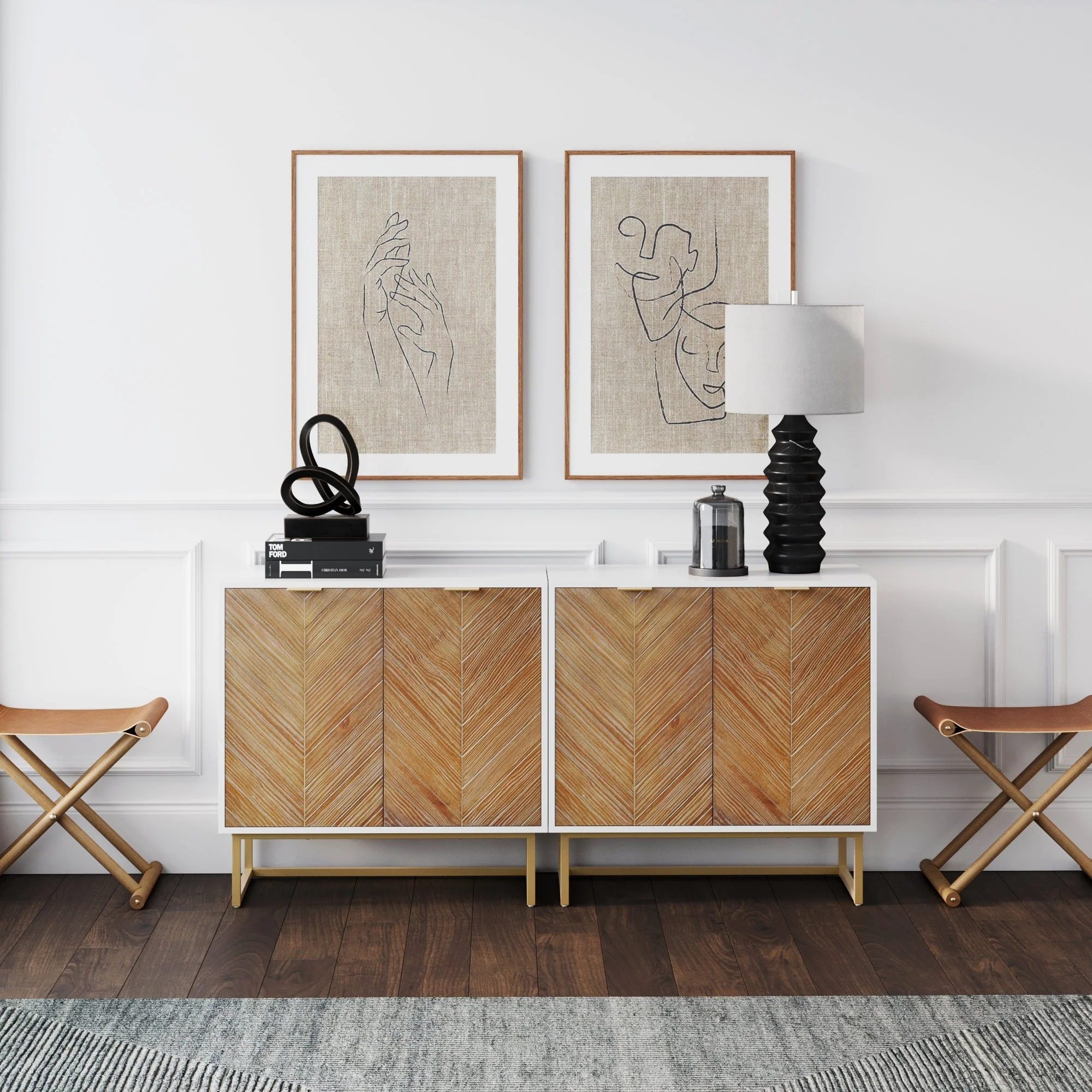 Wood Herringbone Console Table White