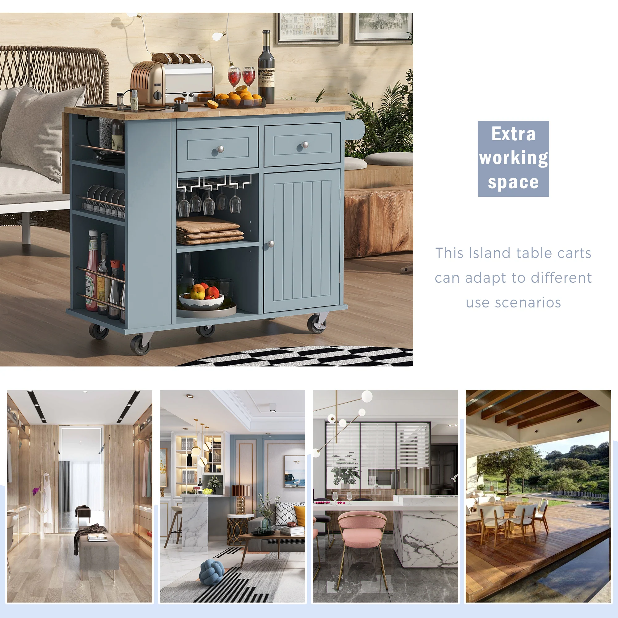 Dining Tables w/ Blue Drop Leaf & Power Outlet Storage Kitchen Island ...