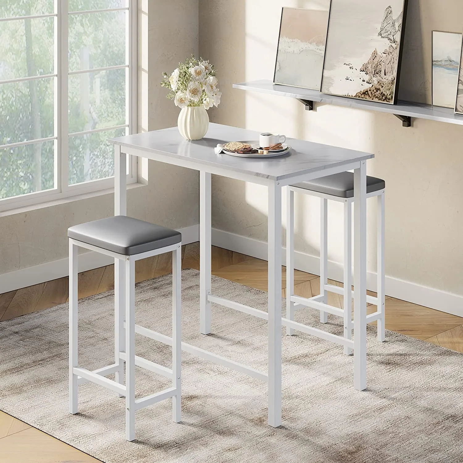 Faux Marble Kitchen Bar Table Set, High Top Pub Table and Stools ...