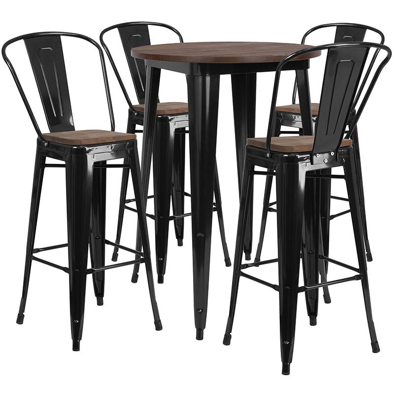 30" Round Black Metal Bar Table Set with Wood Top and 4 Stools - Flash ...
