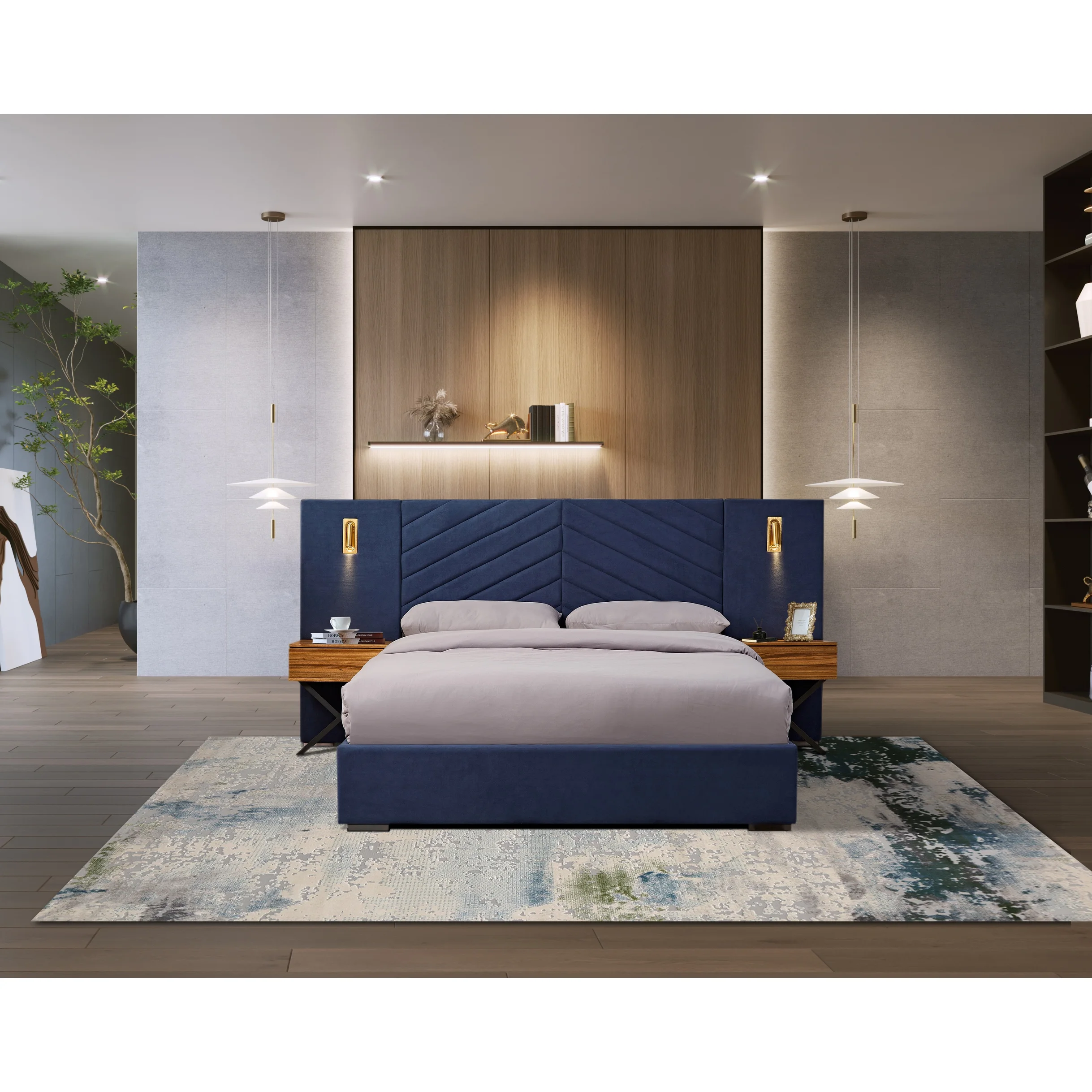 Royal Blue Velvet Bed Frame Vertical Channel Tufted Wingback Headboard ...