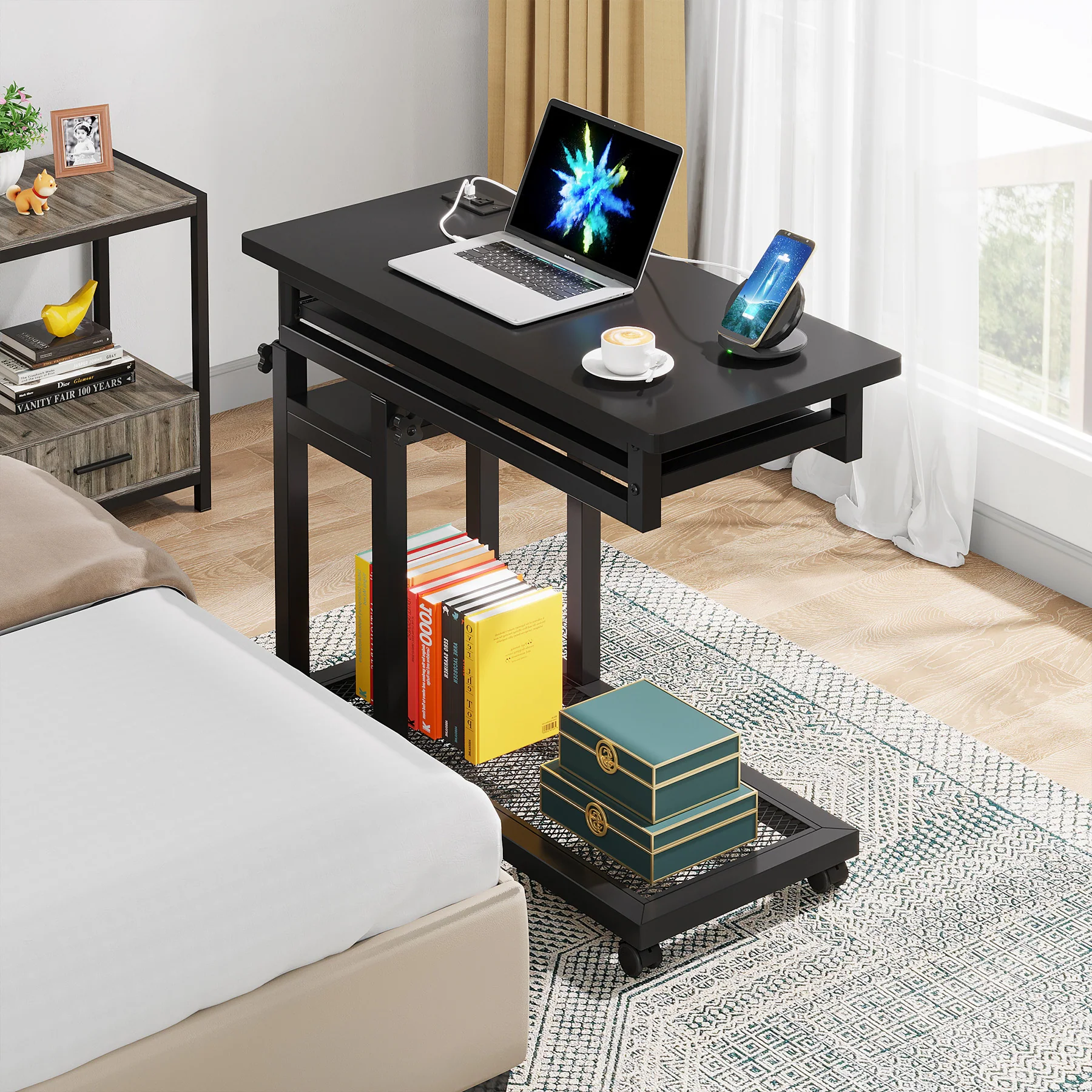 Height Adjustable Small Portable Desk, C Side Table with Outlet and USB ...