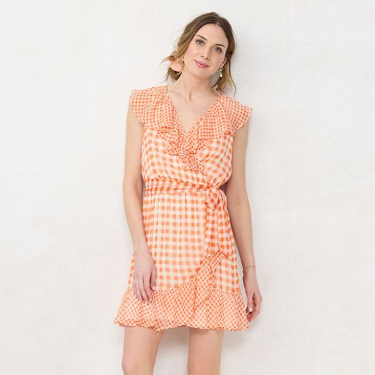 Discount Petite LC Lauren Conrad Ruffled Wrap Dress Yellow Puff Orange Gingham