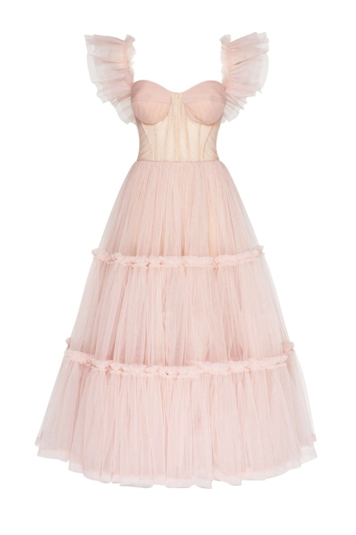 Discount Milla Misty Rose Ruffled Tulle Midi Dress MistyRose #CAA39A