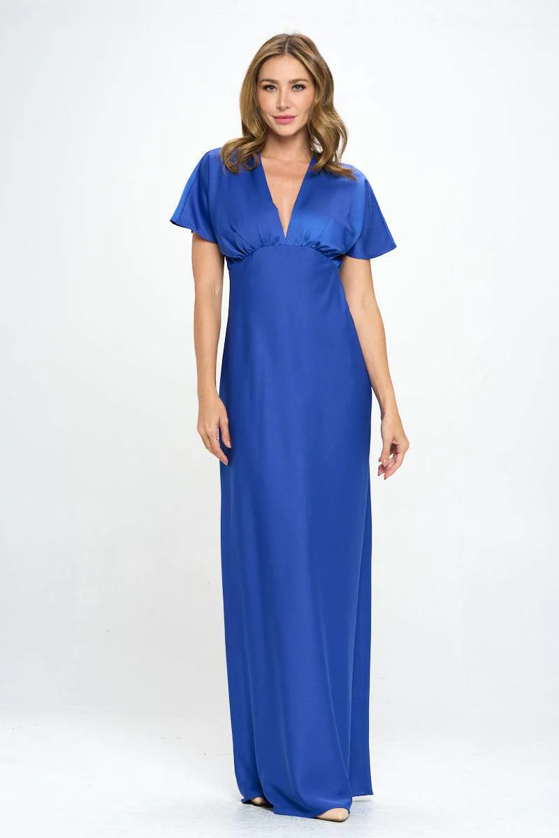 Satin Solid Deep V neck Formal Dress