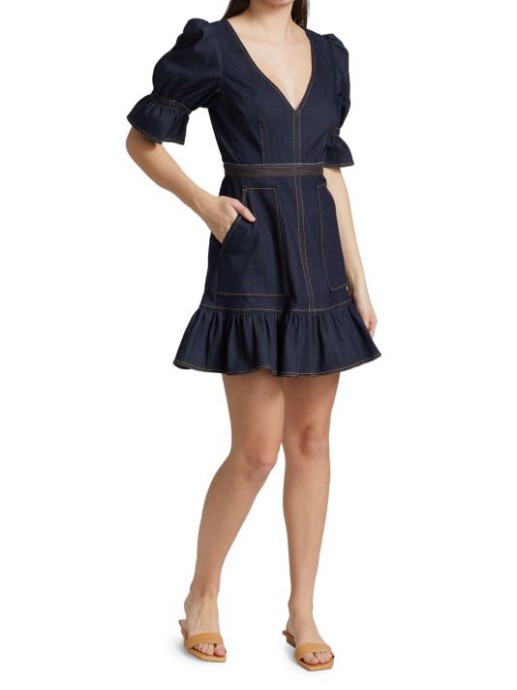 Sale Cinq à Sept Natasha Puff-Sleeve Denim Mini Dress 00