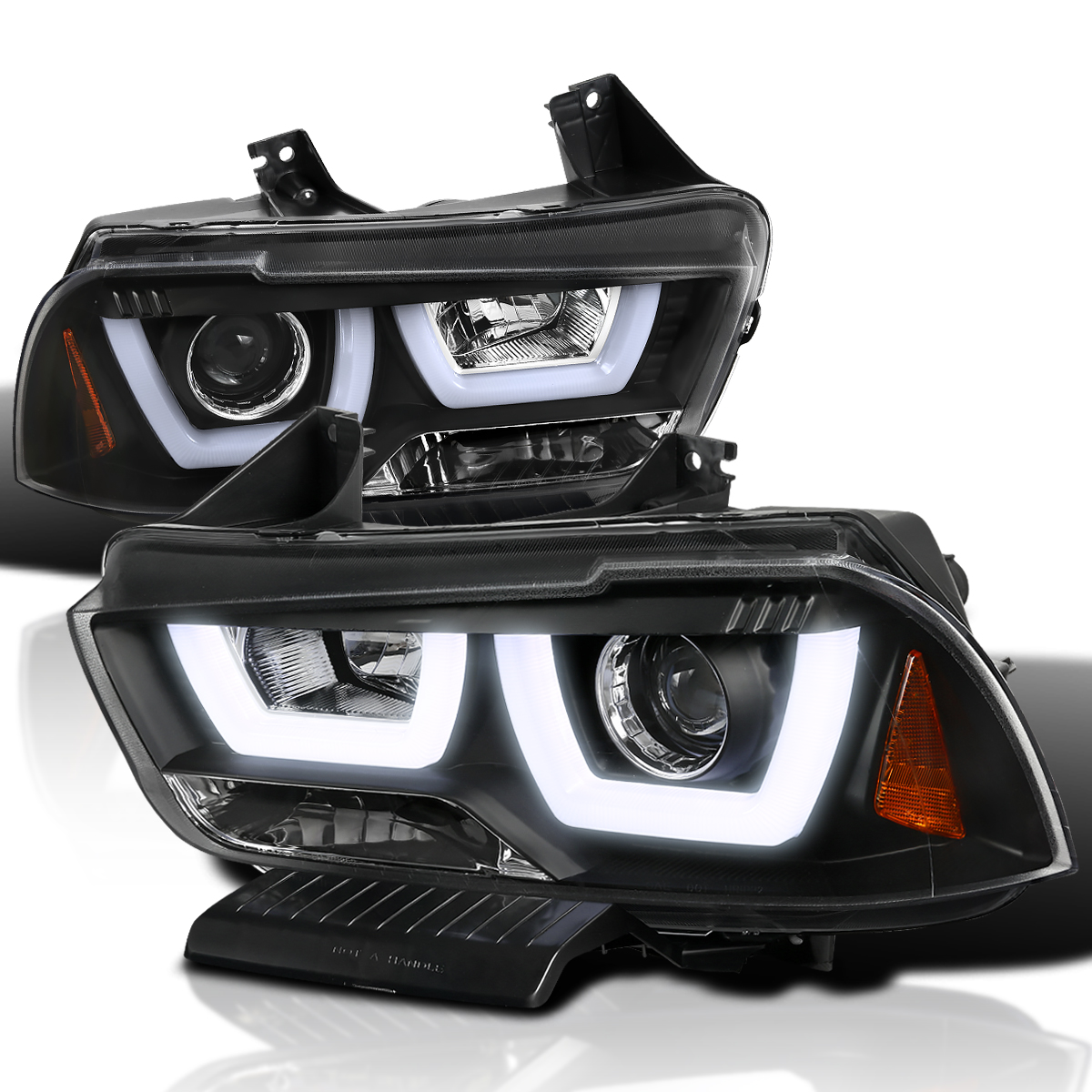 Black LED Dual Halo Projector Headlights For 2006-2010 Dodge Charger – Pair With H1 Bulbs