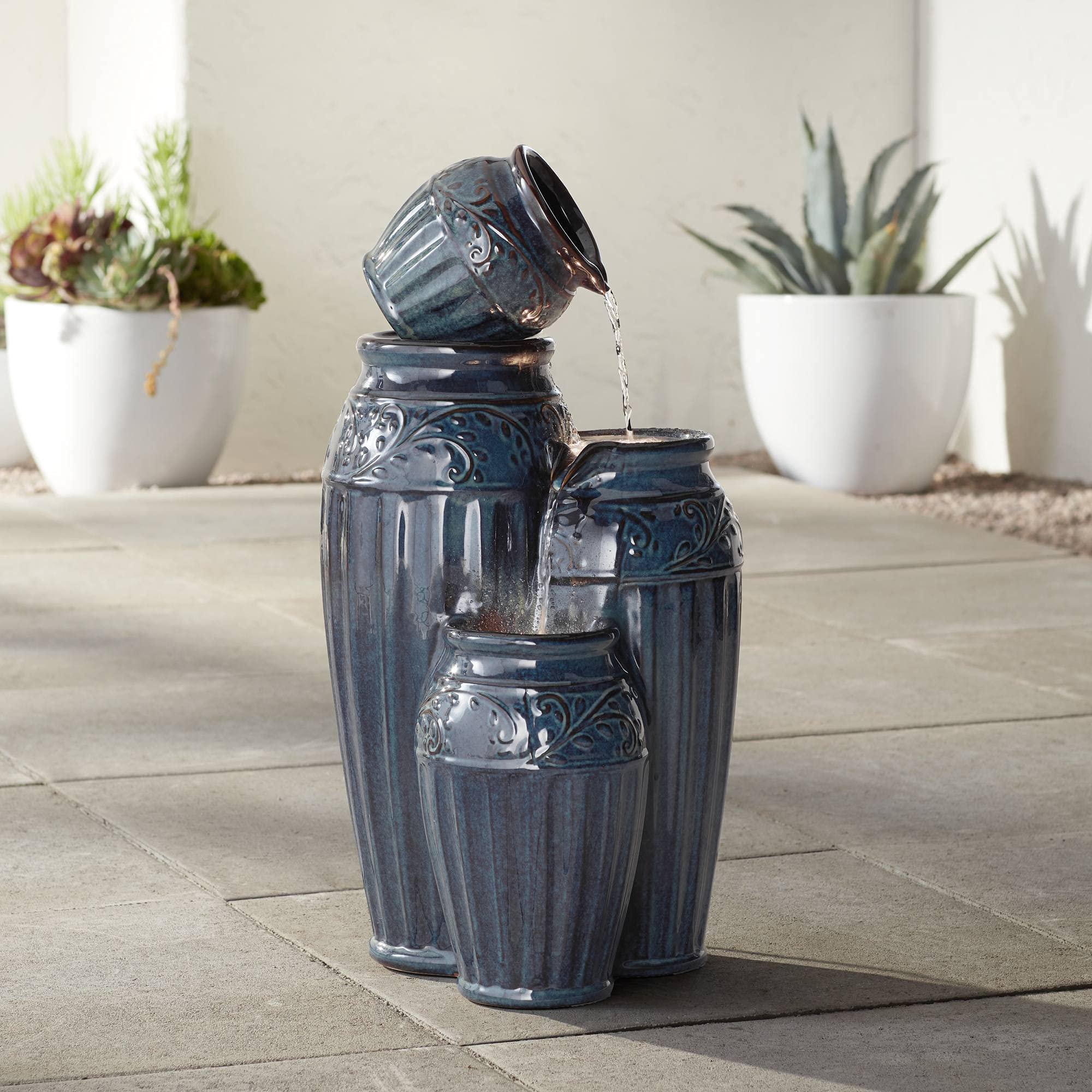 Four Blue Urns Modern Outdoor Floor Water Fountain 27" High with LED ...