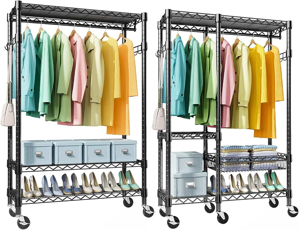 2 PCS MZG Heavy Duty Rolling Garment Rack Adjustable Wire Shelving ...