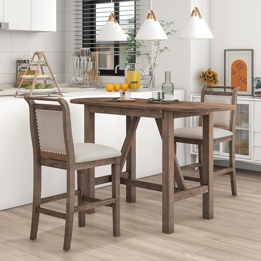 3-Piece Dining Set for 2, Wood Counter Height Table with Drop Leaf ...
